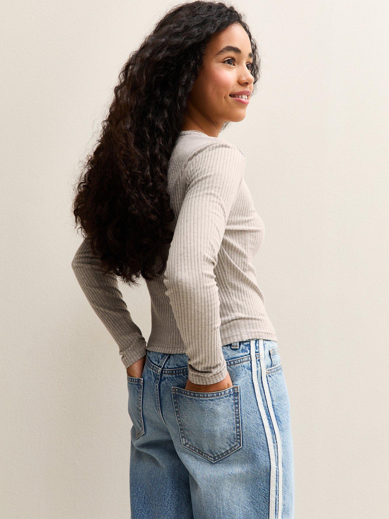  image of new-look-915-girls-oatmeal-ribbed-button-front-long-sleeve-top