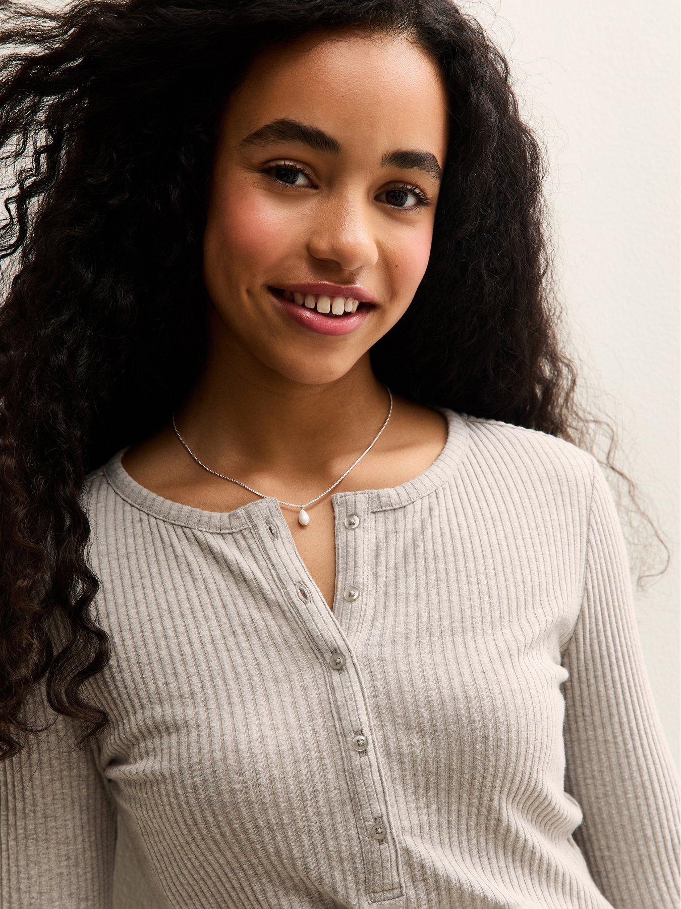  image of new-look-915-girls-oatmeal-ribbed-button-front-long-sleeve-top