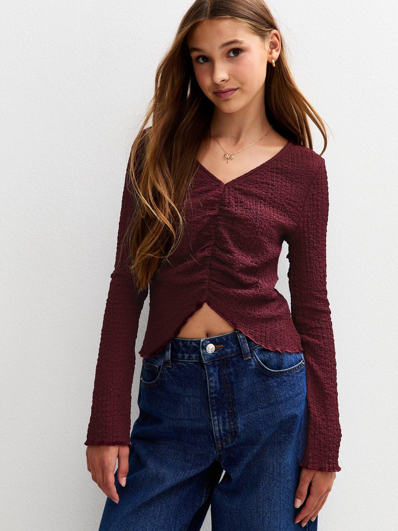 New Look 915 Girls Dark Burgundy Ruched Front Long Sleeve Top