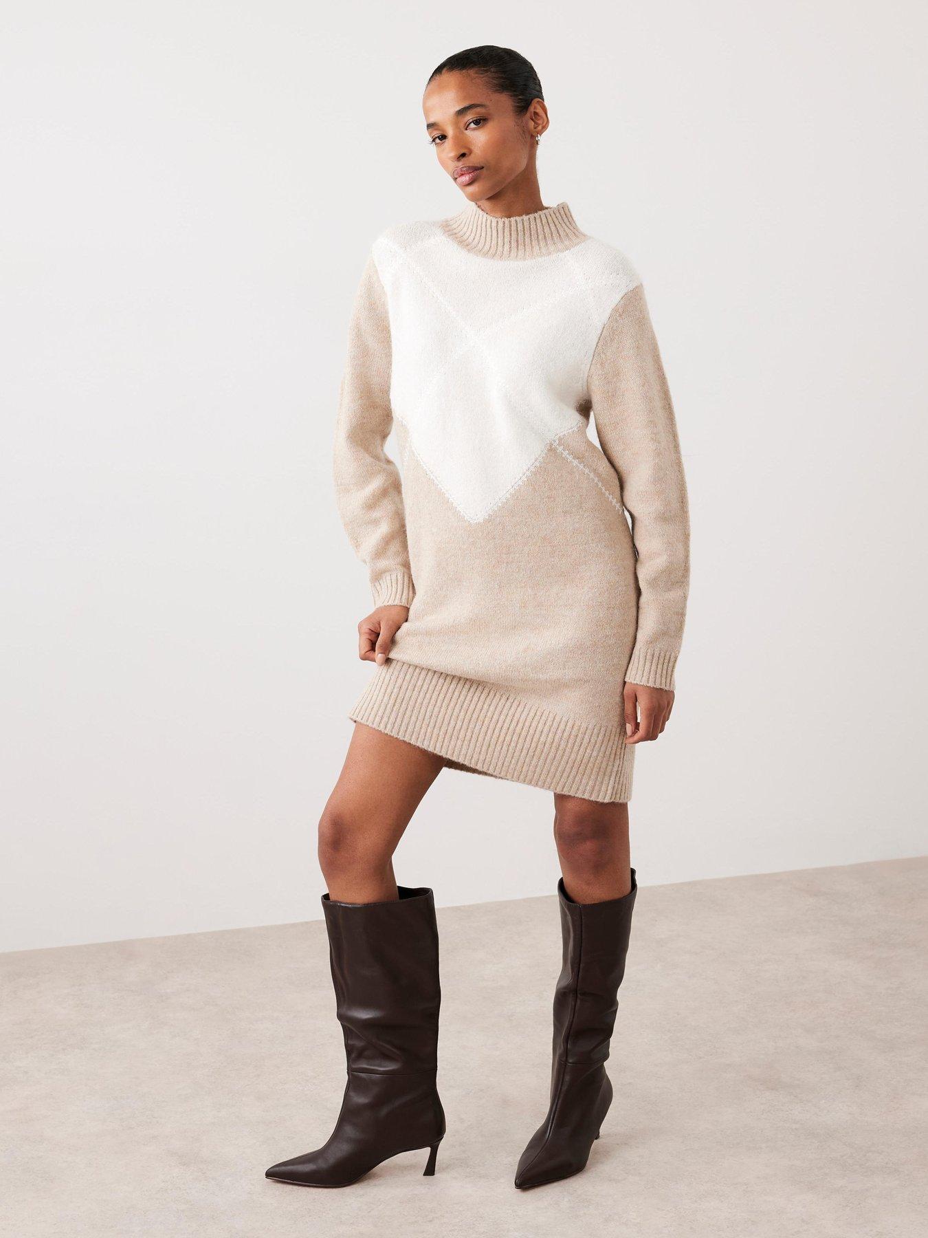 Mint Velvet Neutral Argyle Knit Mini Dress - Cream