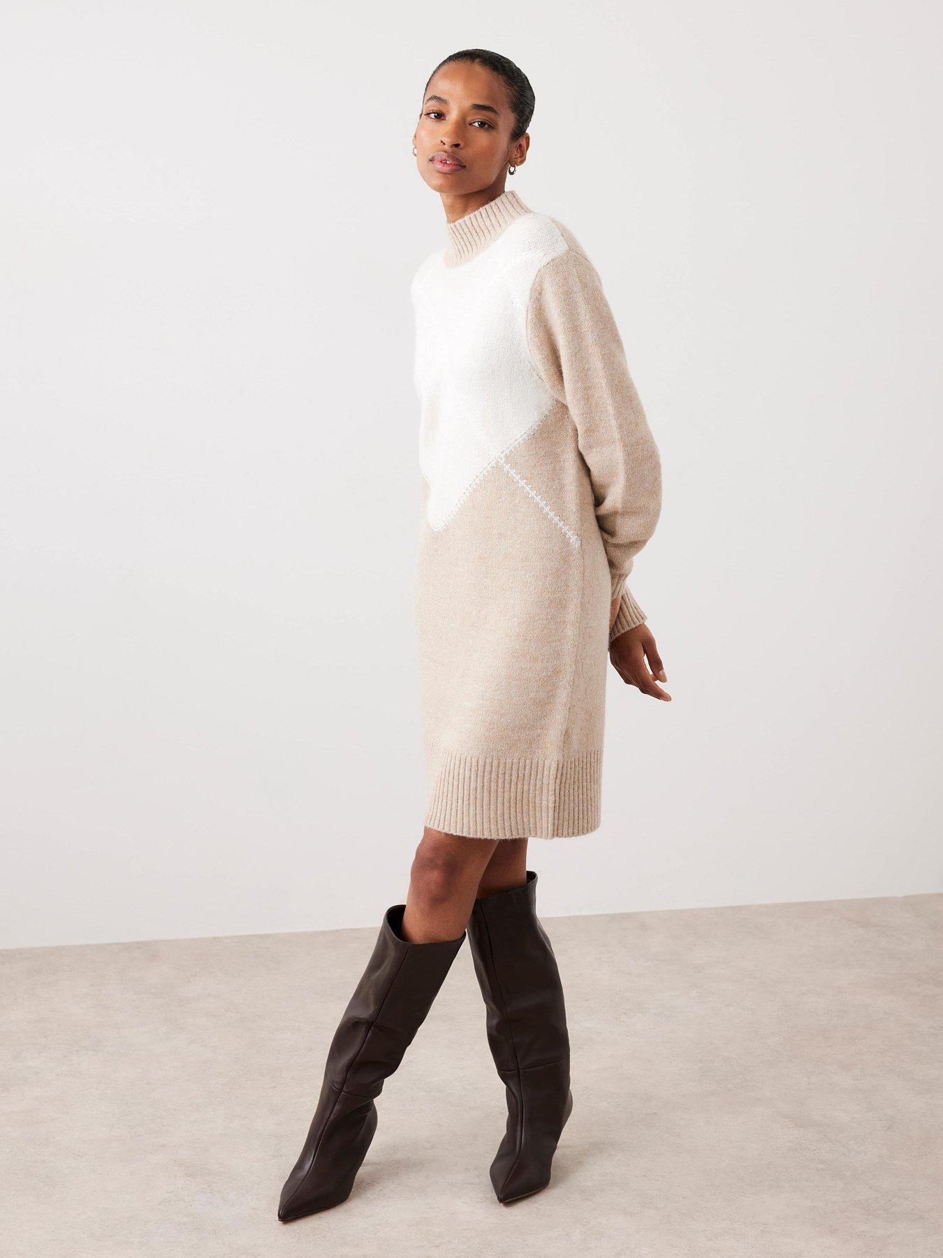 Image 2 of 6 of Mint Velvet Neutral Argyle Knit Mini Dress - Cream