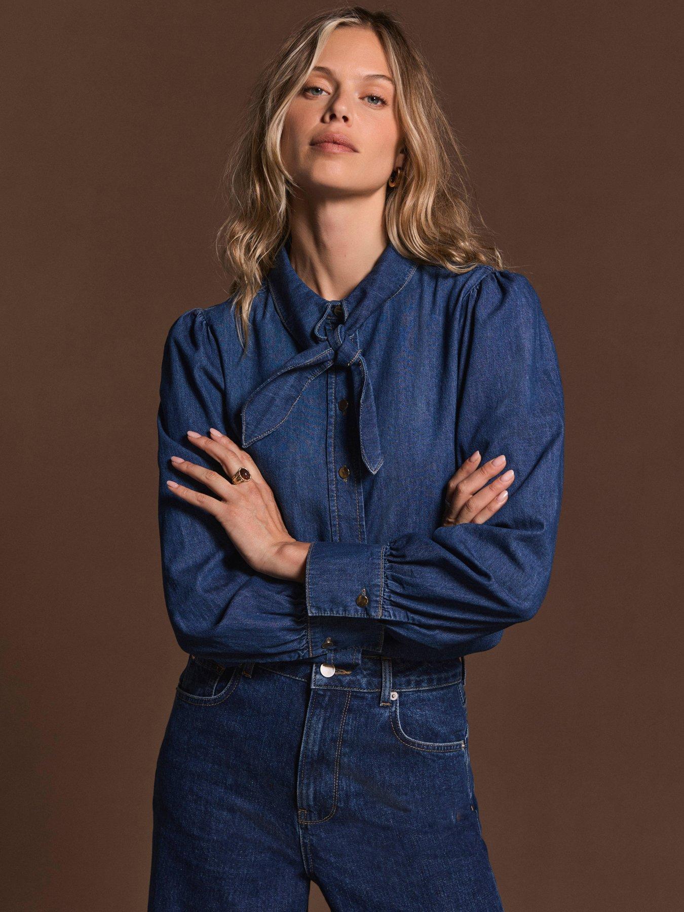 Image 1 of 6 of Mint Velvet Tie Neck Denim Blouse - Blue