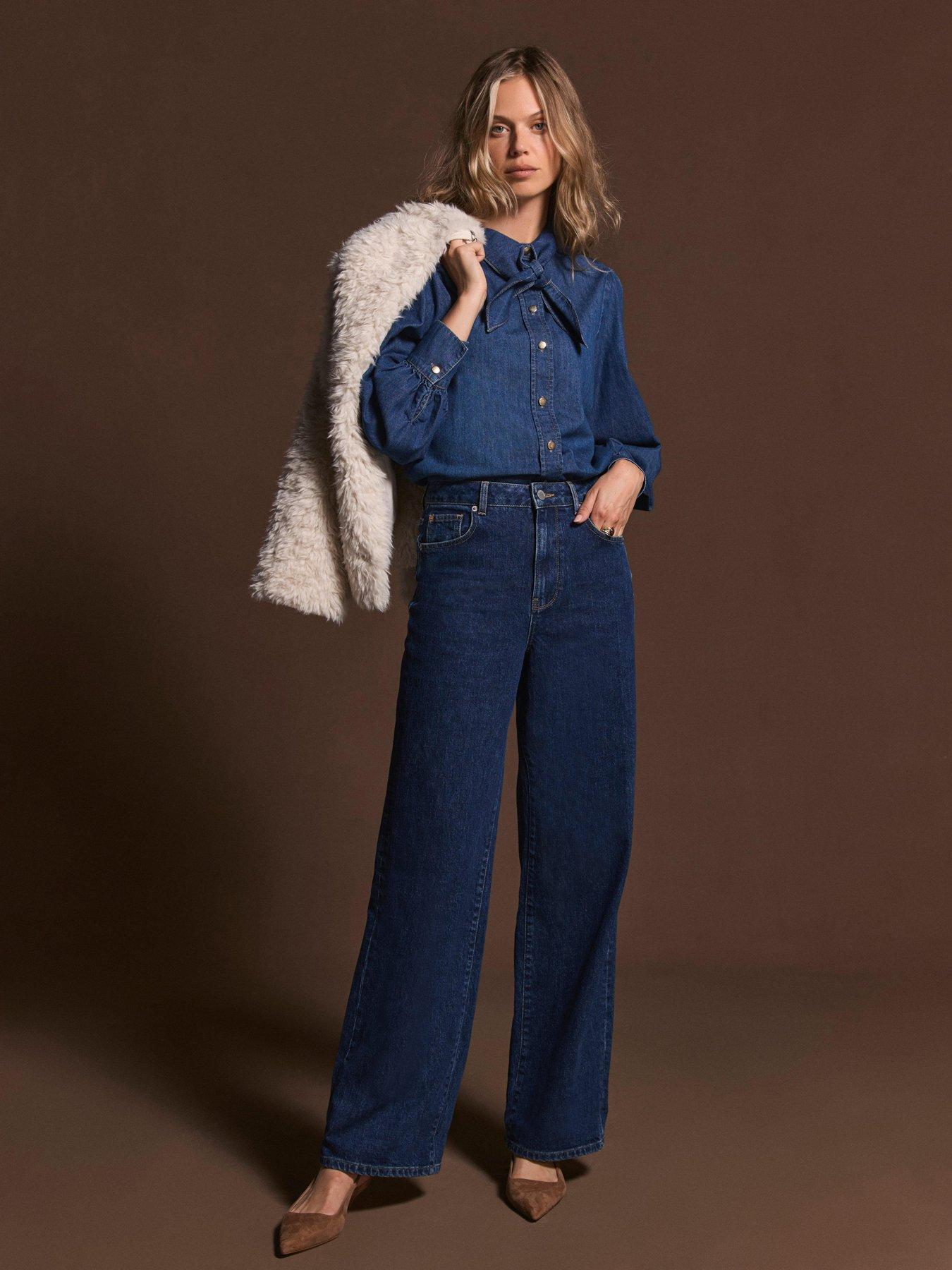 Image 2 of 6 of Mint Velvet Tie Neck Denim Blouse - Blue