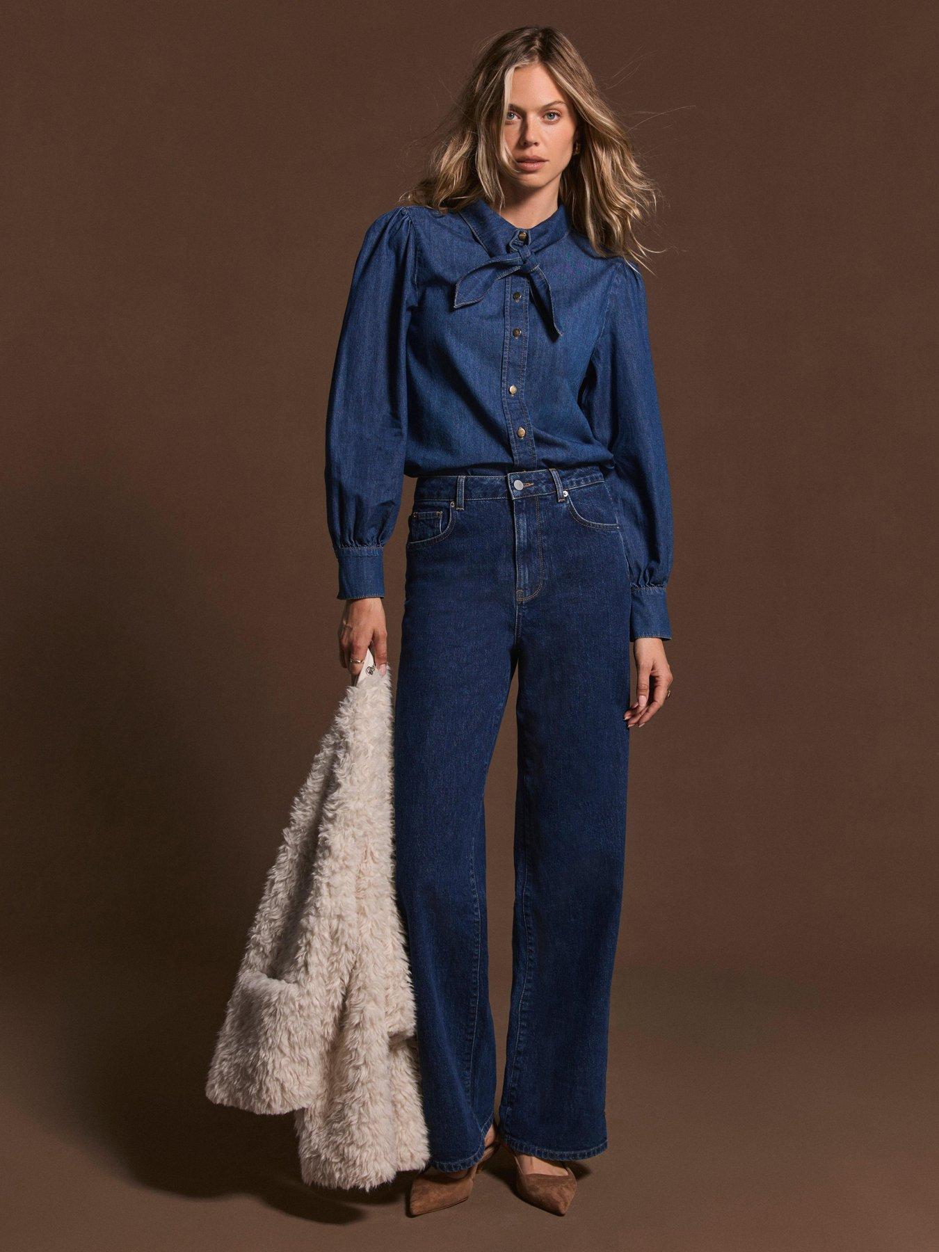 Image 4 of 6 of Mint Velvet Tie Neck Denim Blouse - Blue