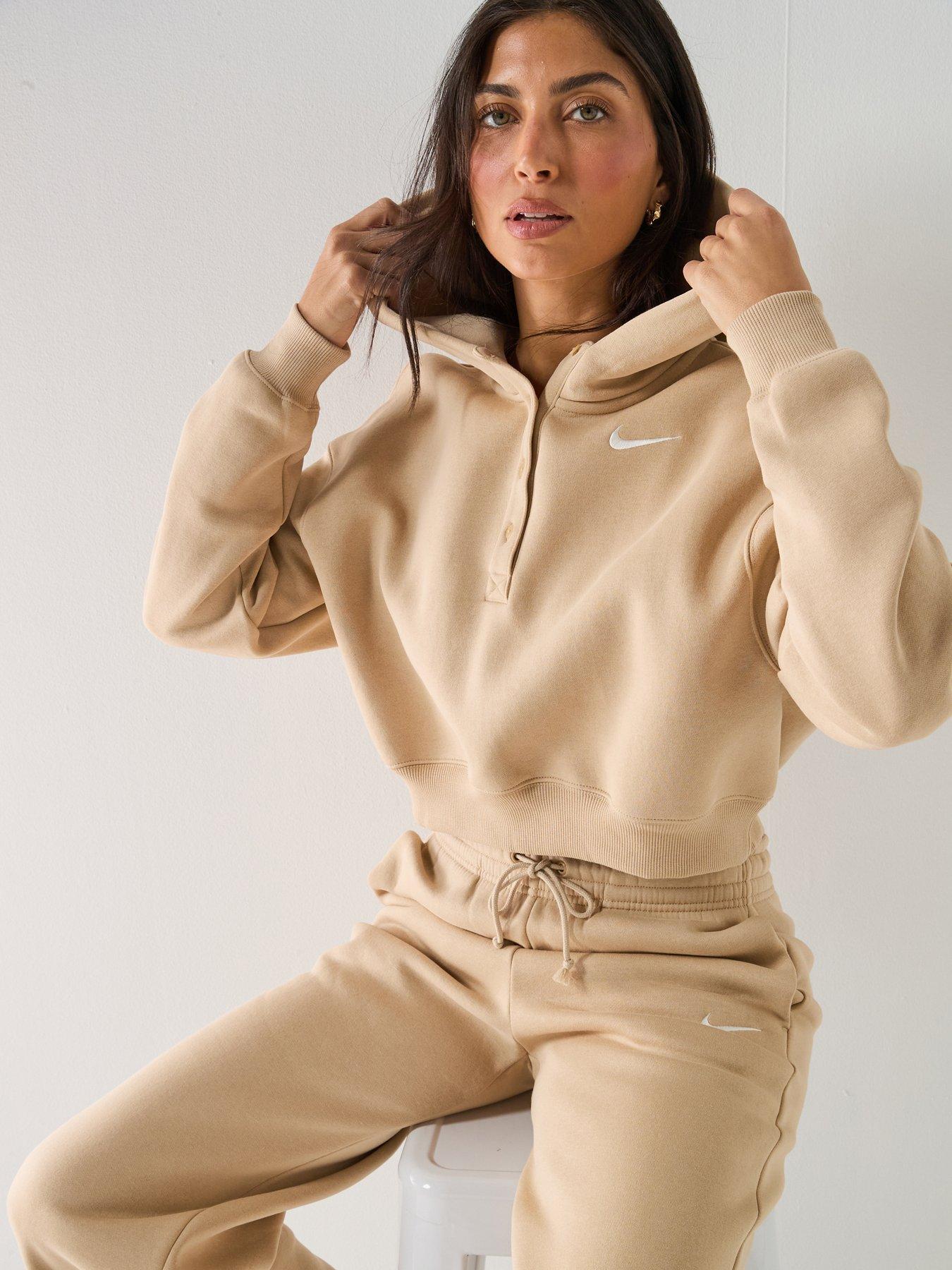Nike Womens Sportswear Phoenix Fleece Oversized Cropped Henley Hoodie - Brown