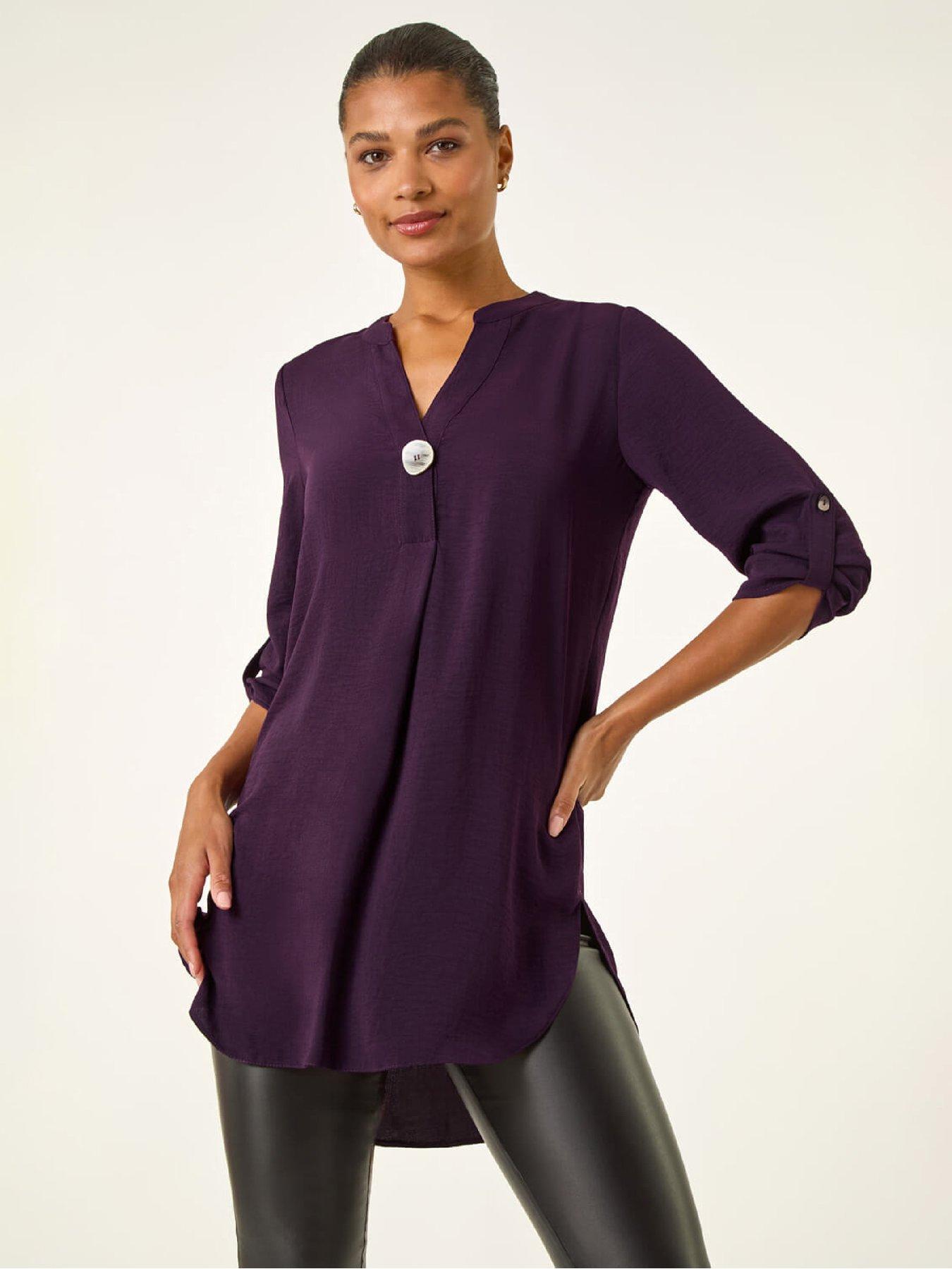 Roman Longline Buttoned Notch Neck Top - Purple
