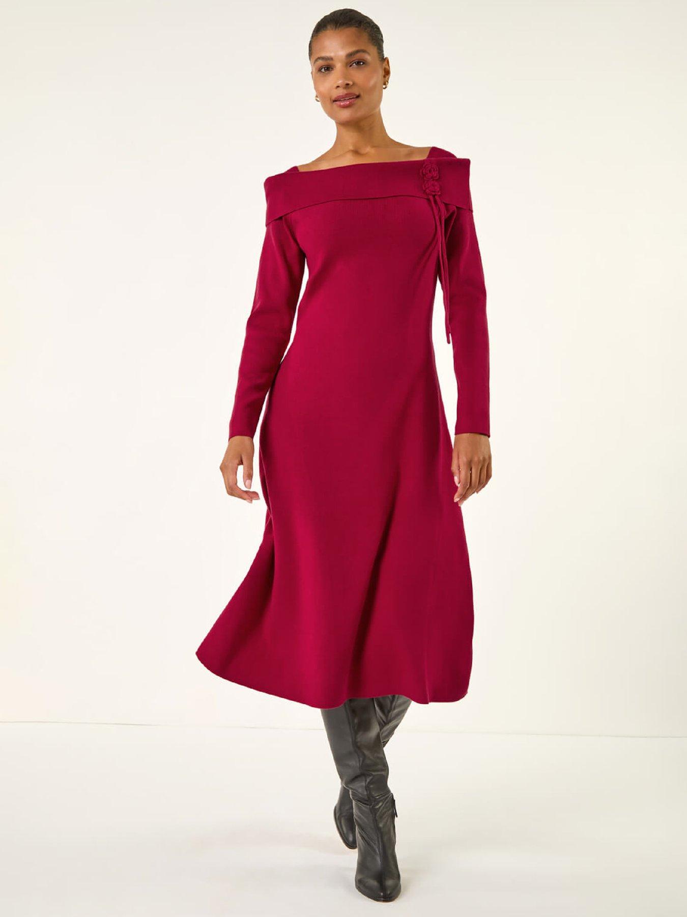 Roman Floral Bardot Knit Midi Dress - Red