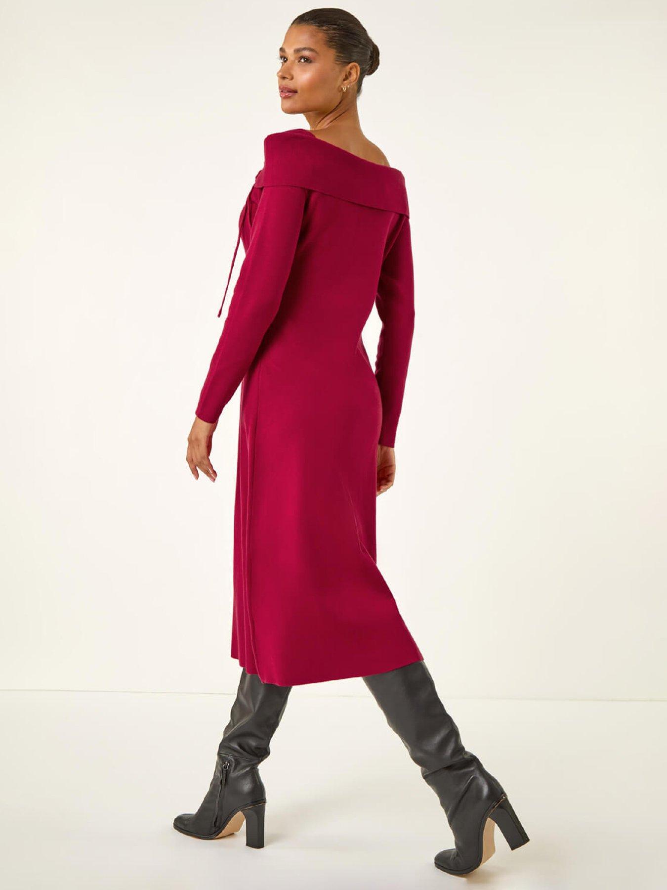  image of roman-floral-bardot-knit-midi-dress-red