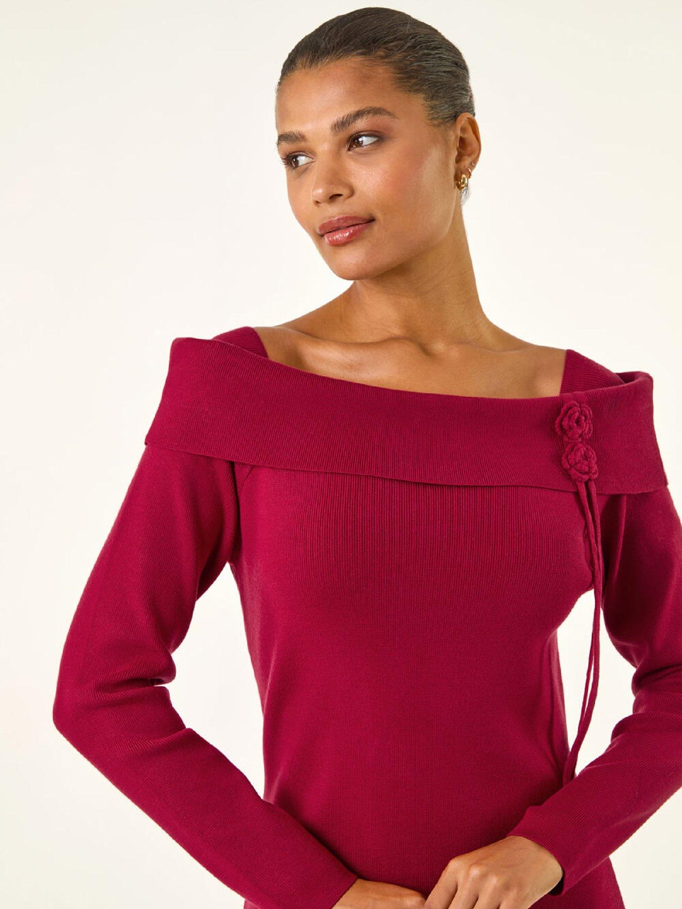  image of roman-floral-bardot-knit-midi-dress-red