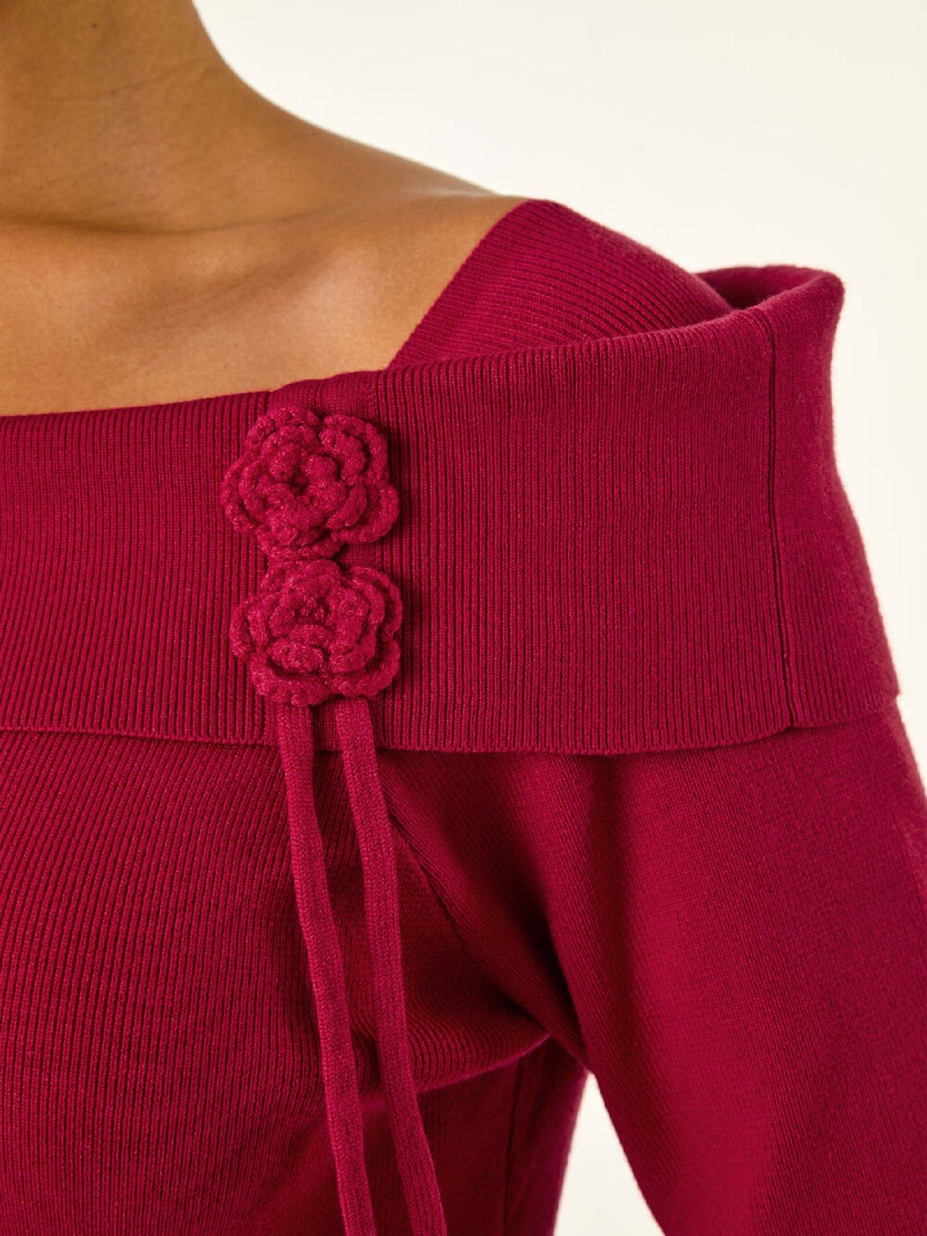  image of roman-floral-bardot-knit-midi-dress-red