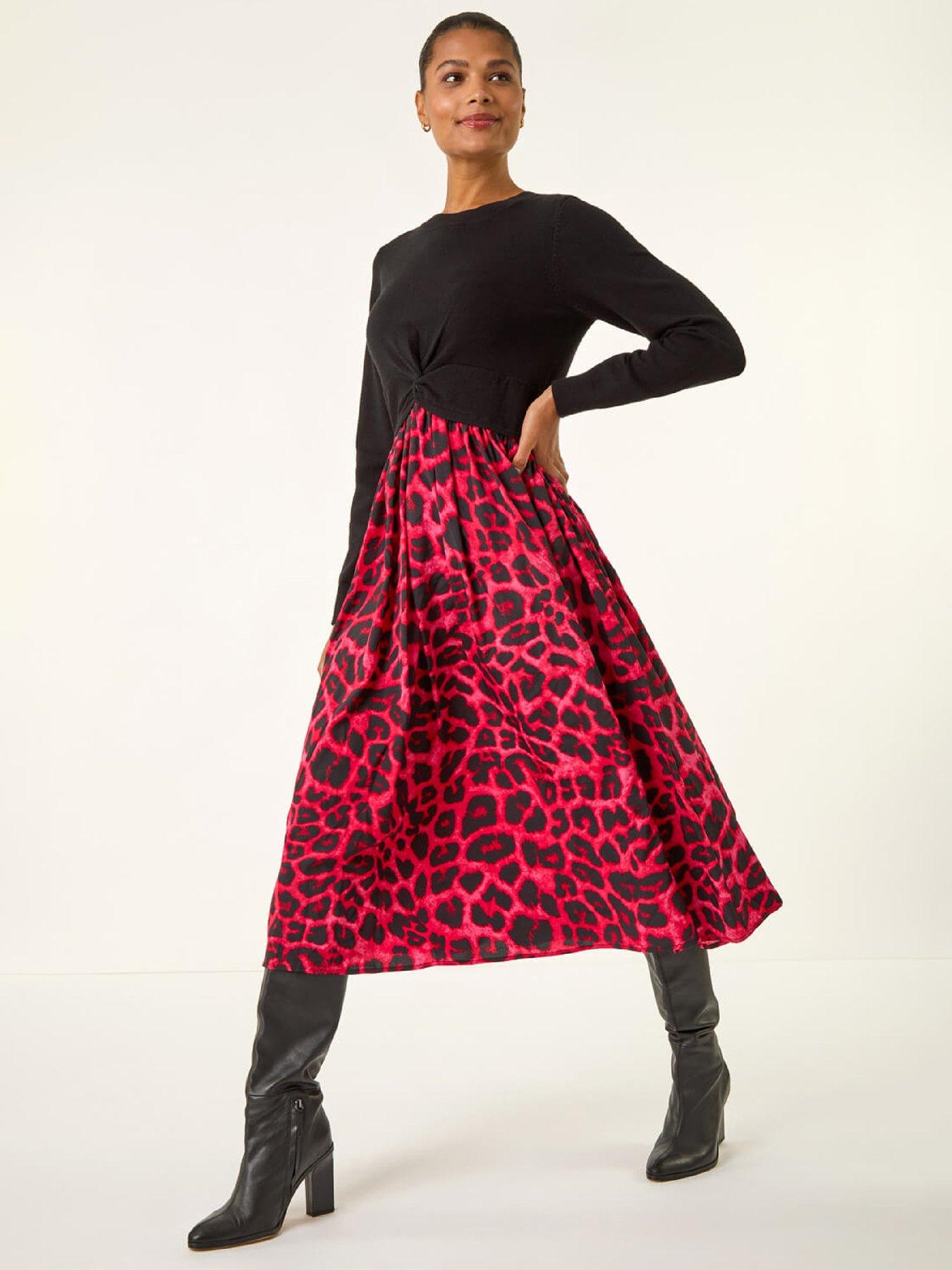Roman Animal Print Twist Front Midi Dress - Red