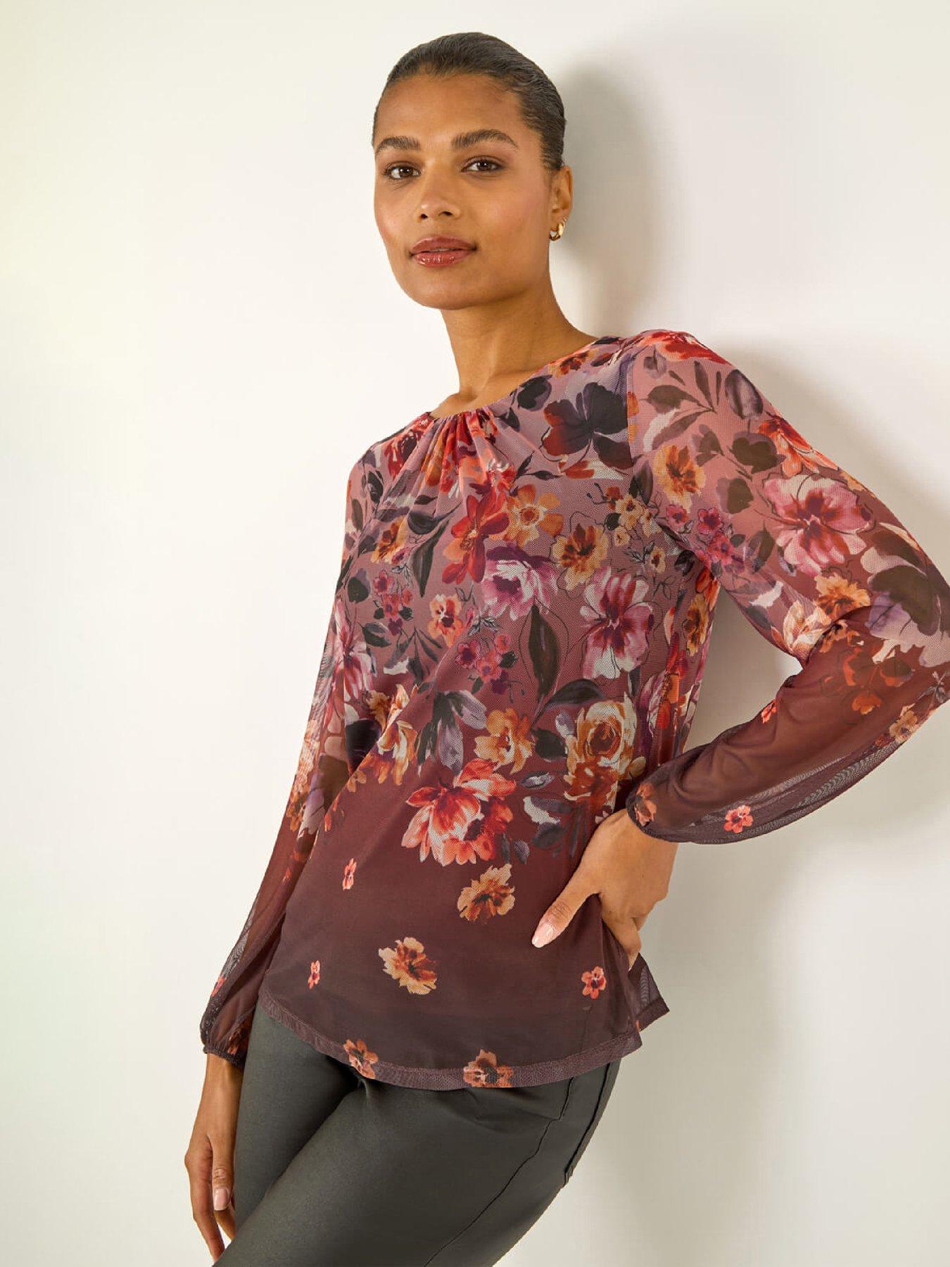 image of roman-floral-print-mesh-top-chocolate