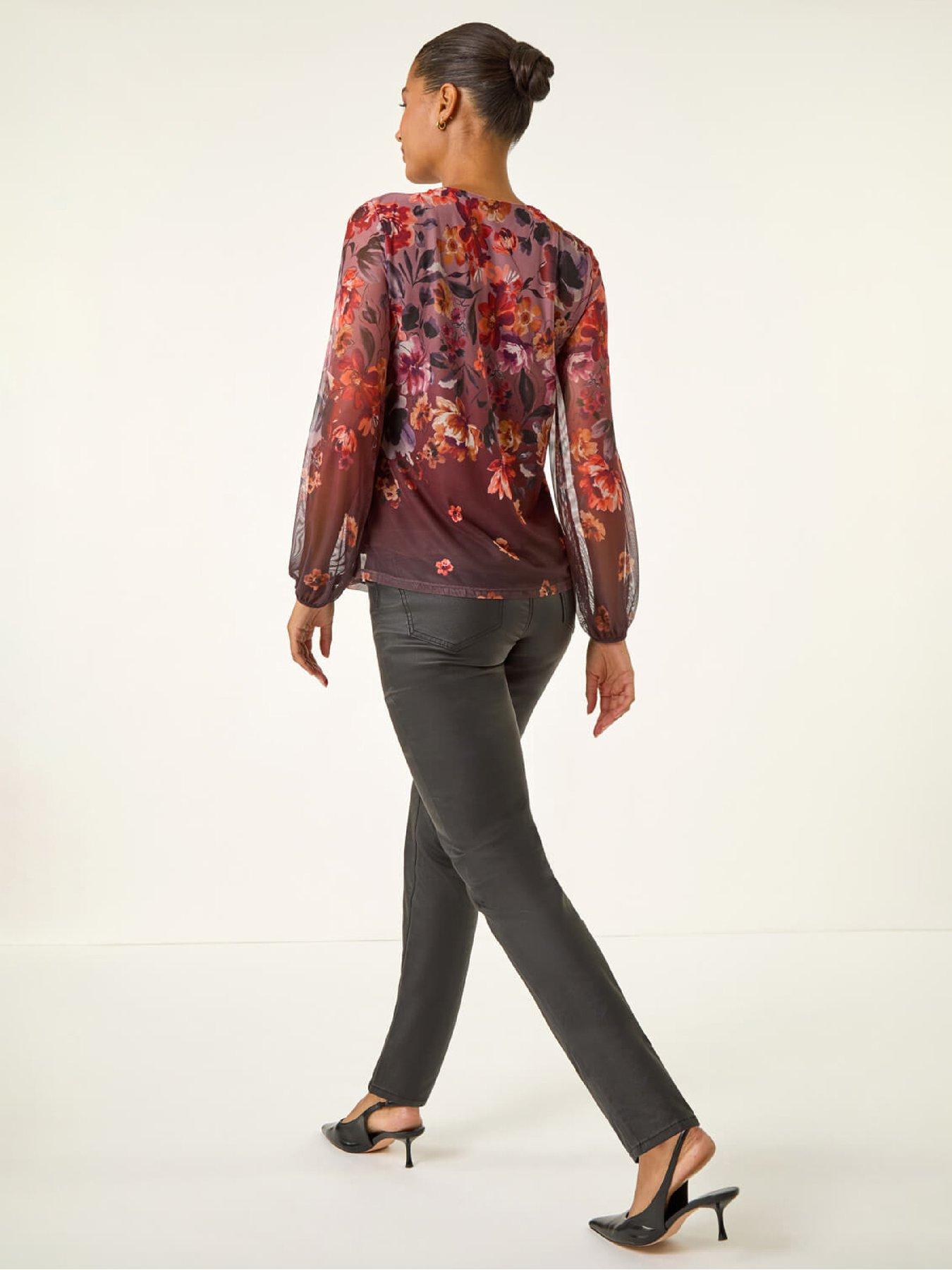  image of roman-floral-print-mesh-top-chocolate