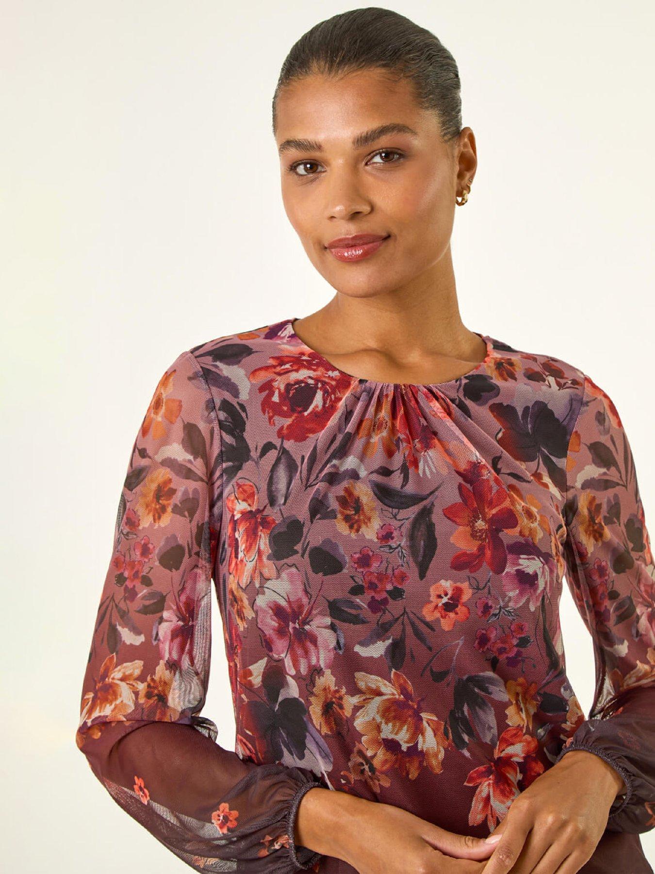  image of roman-floral-print-mesh-top-chocolate