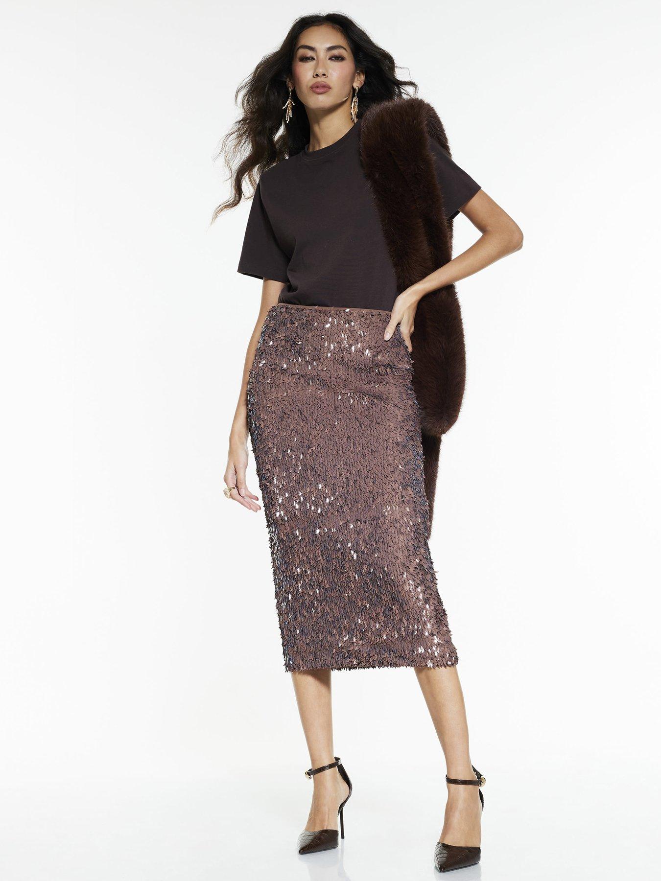 Image 1 of 4 of River Island Irregular Sequin Midi Skirt - Beige