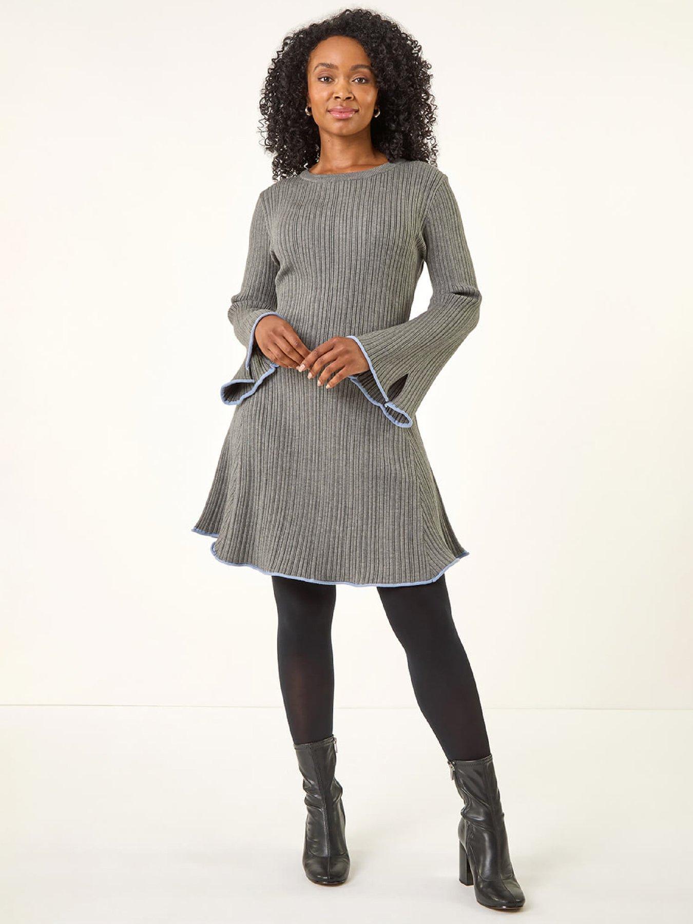  image of roman-petite-contrast-trim-knit-dress-grey