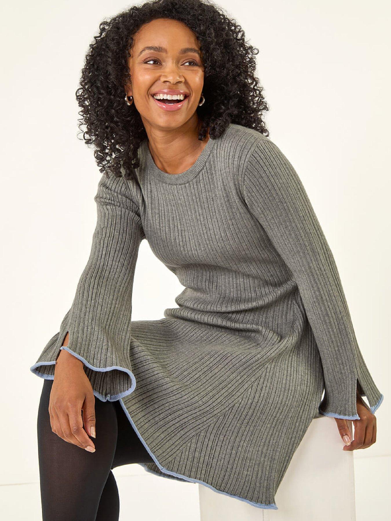  image of roman-petite-contrast-trim-knit-dress-grey