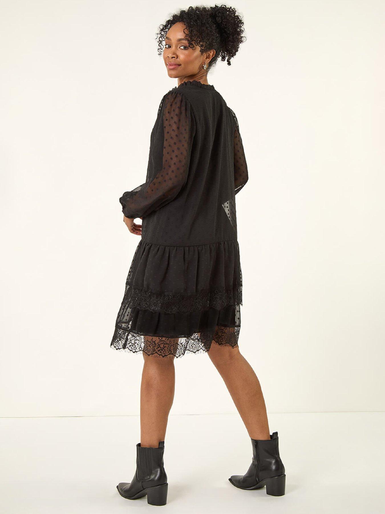  image of roman-petite-frill-tie-front-lace-dress-black
