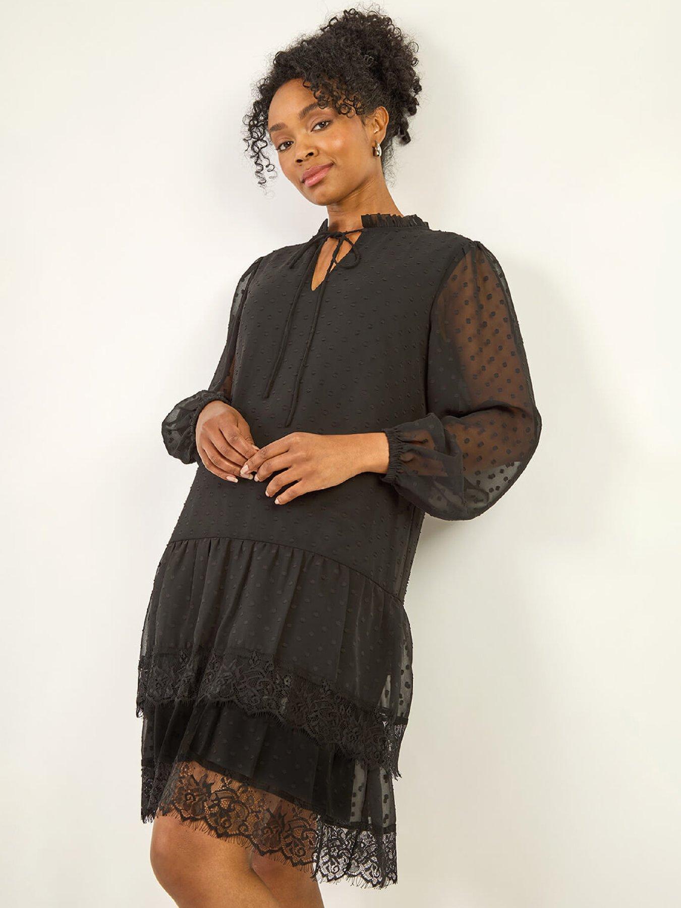  image of roman-petite-frill-tie-front-lace-dress-black