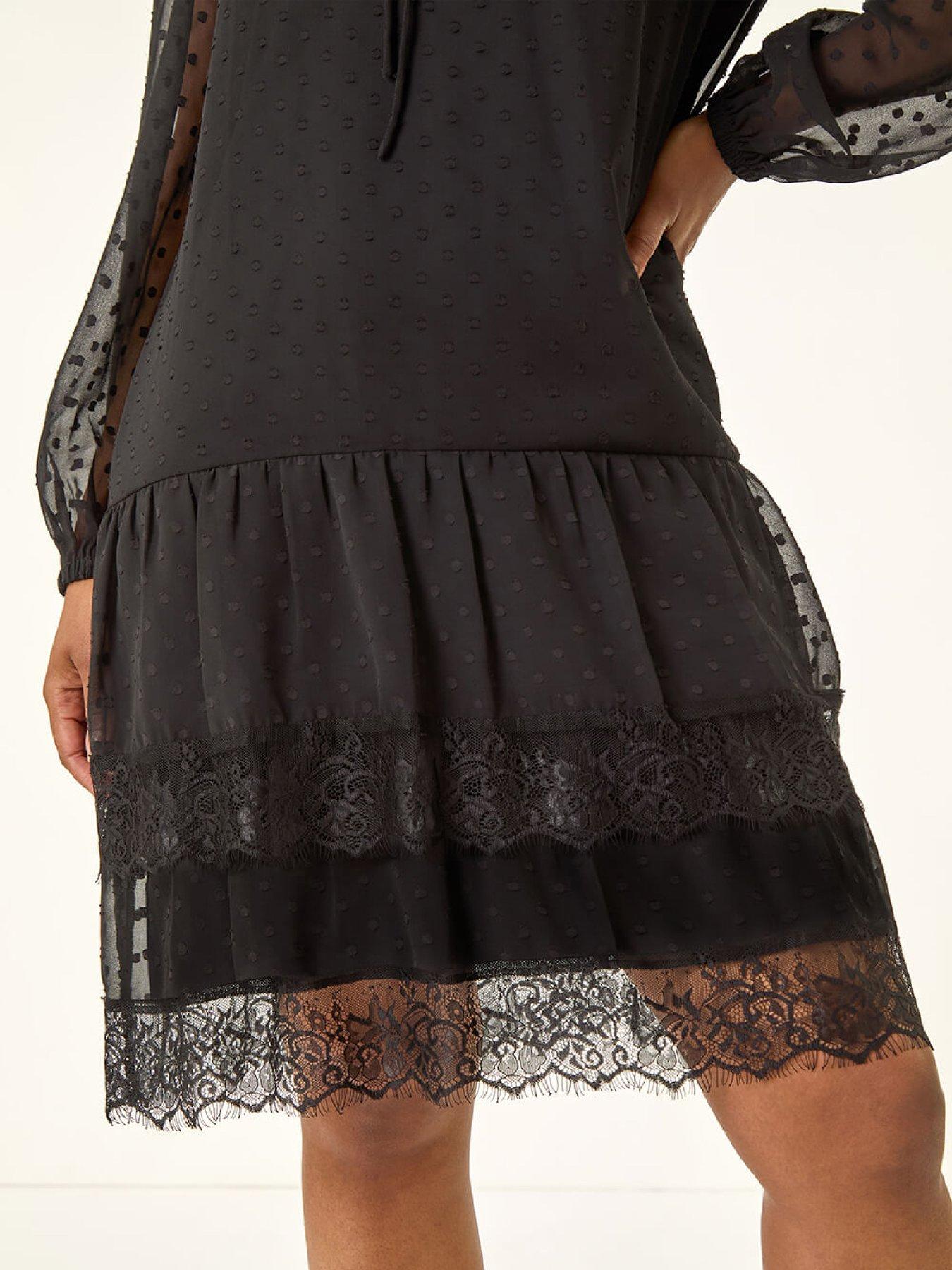  image of roman-petite-frill-tie-front-lace-dress-black
