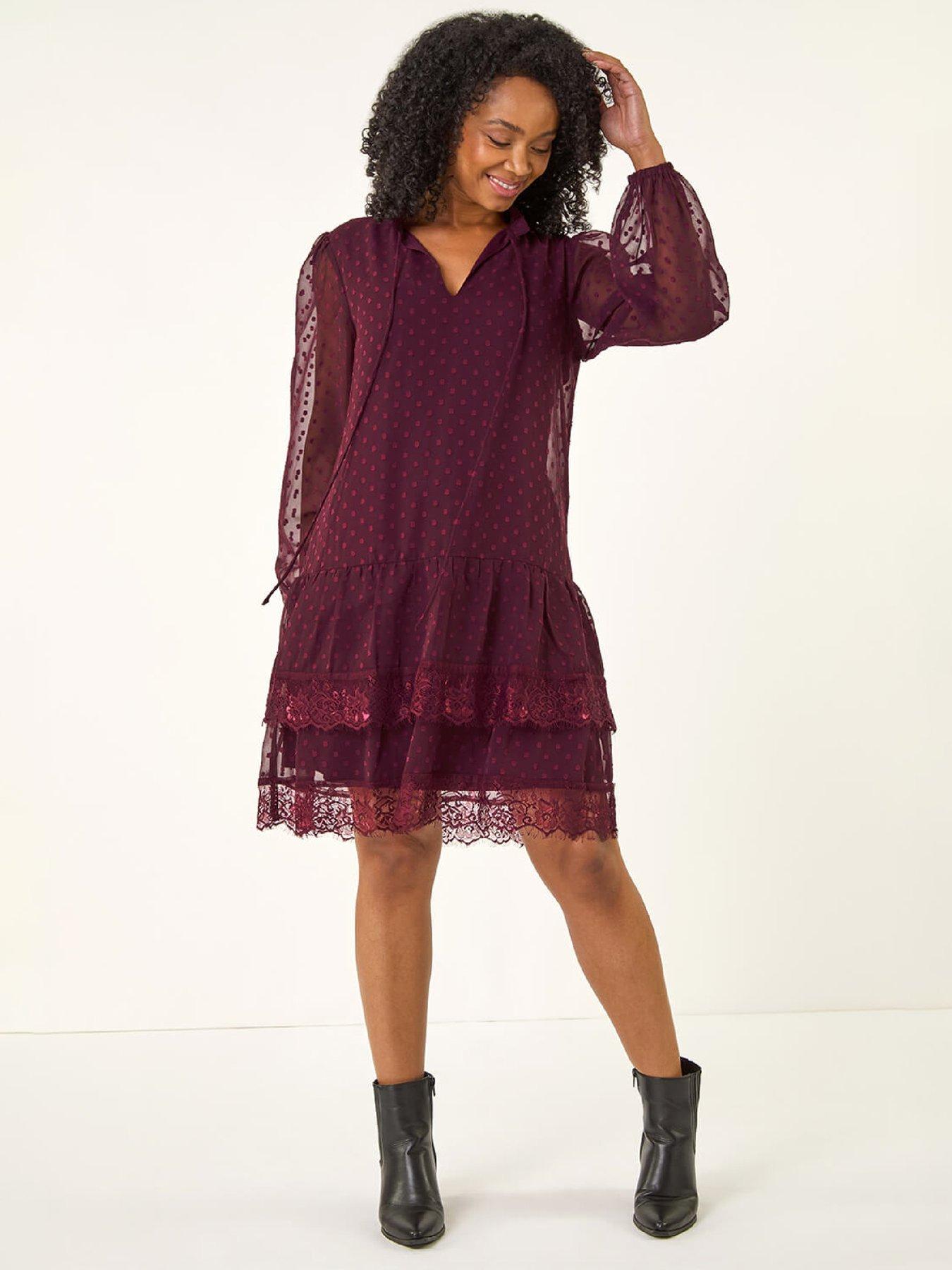  image of roman-petite-frill-tie-front-lace-dress-wine