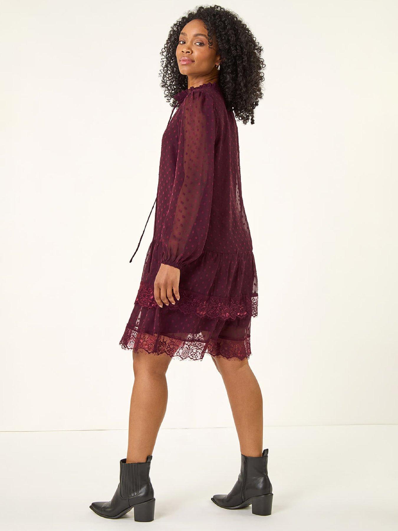  image of roman-petite-frill-tie-front-lace-dress-wine