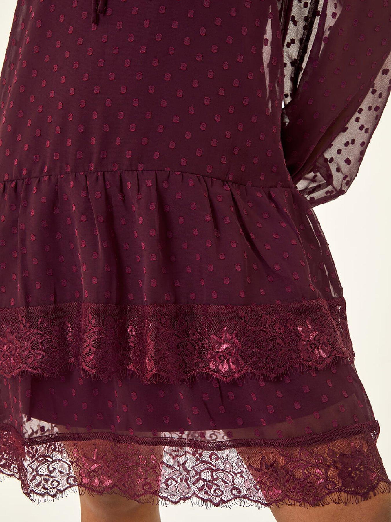  image of roman-petite-frill-tie-front-lace-dress-wine