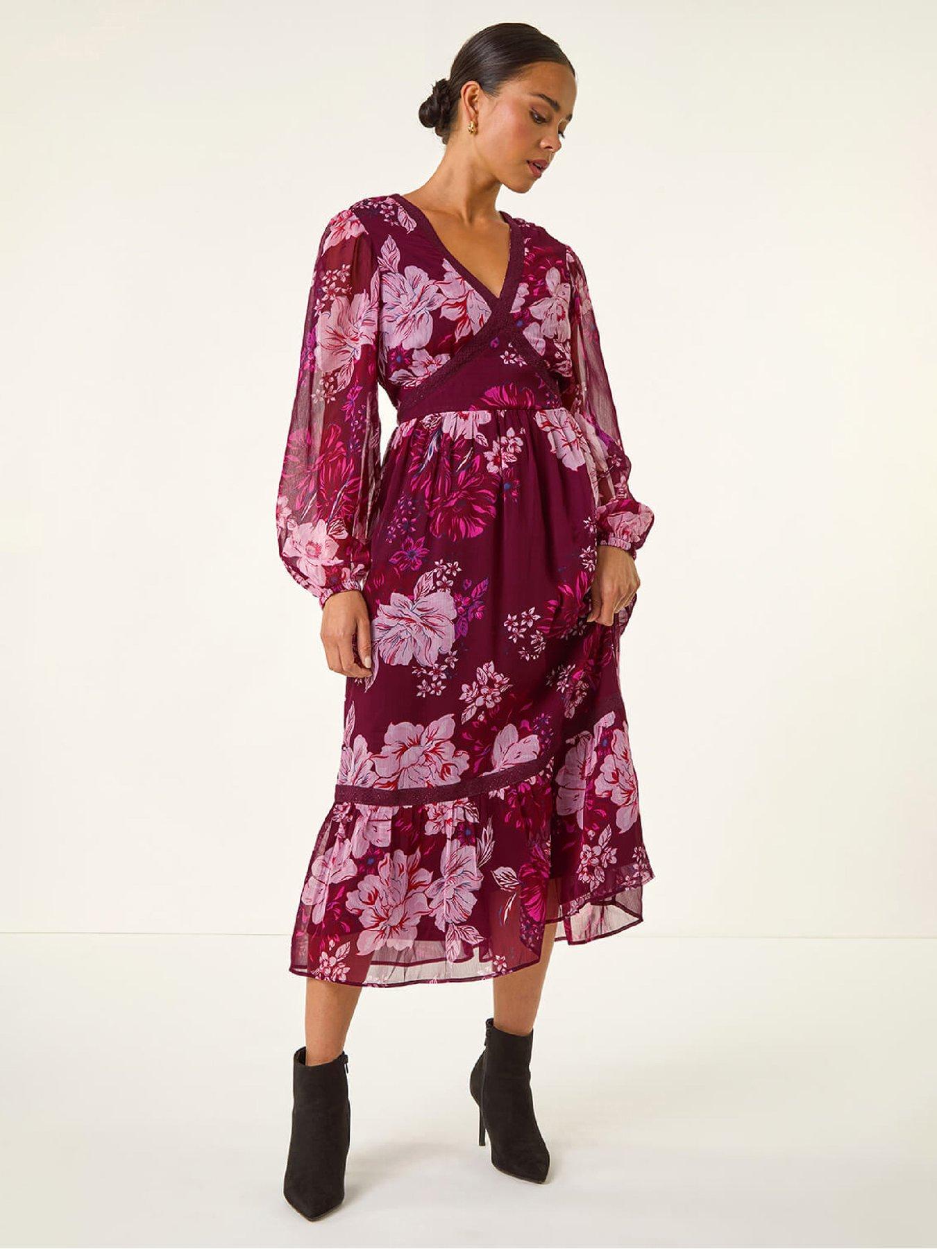 Roman Petite Floral Print Trim Midi Dress - Wine
