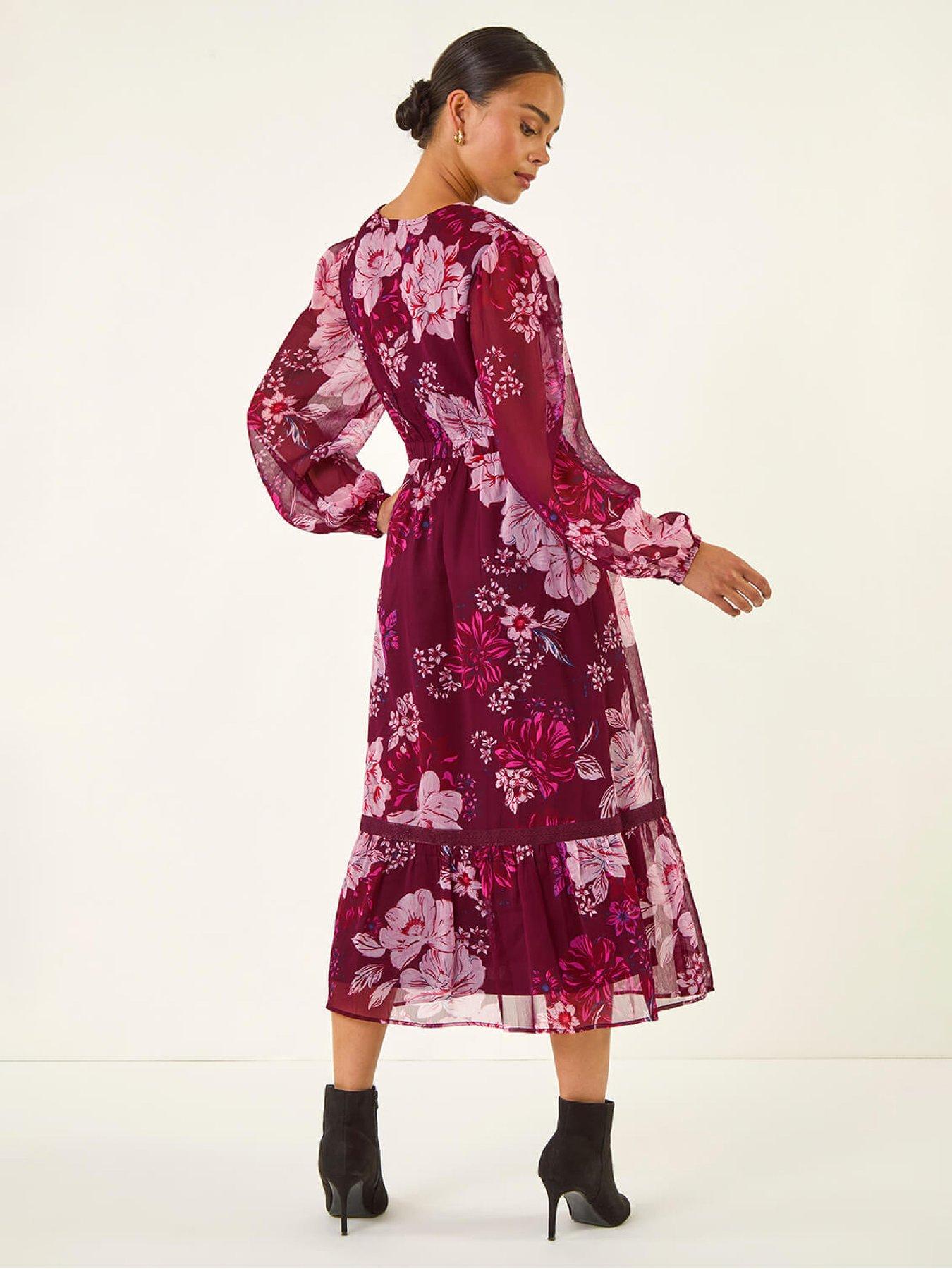 image of roman-petite-floral-print-trim-midi-dress-wine