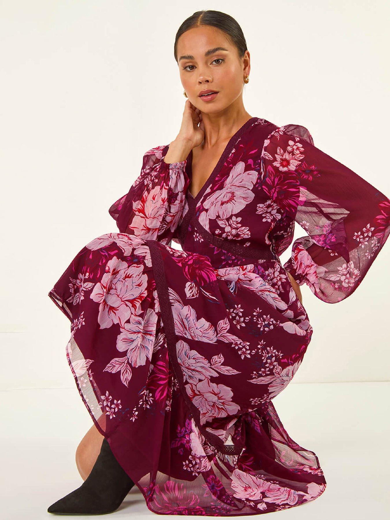  image of roman-petite-floral-print-trim-midi-dress-wine