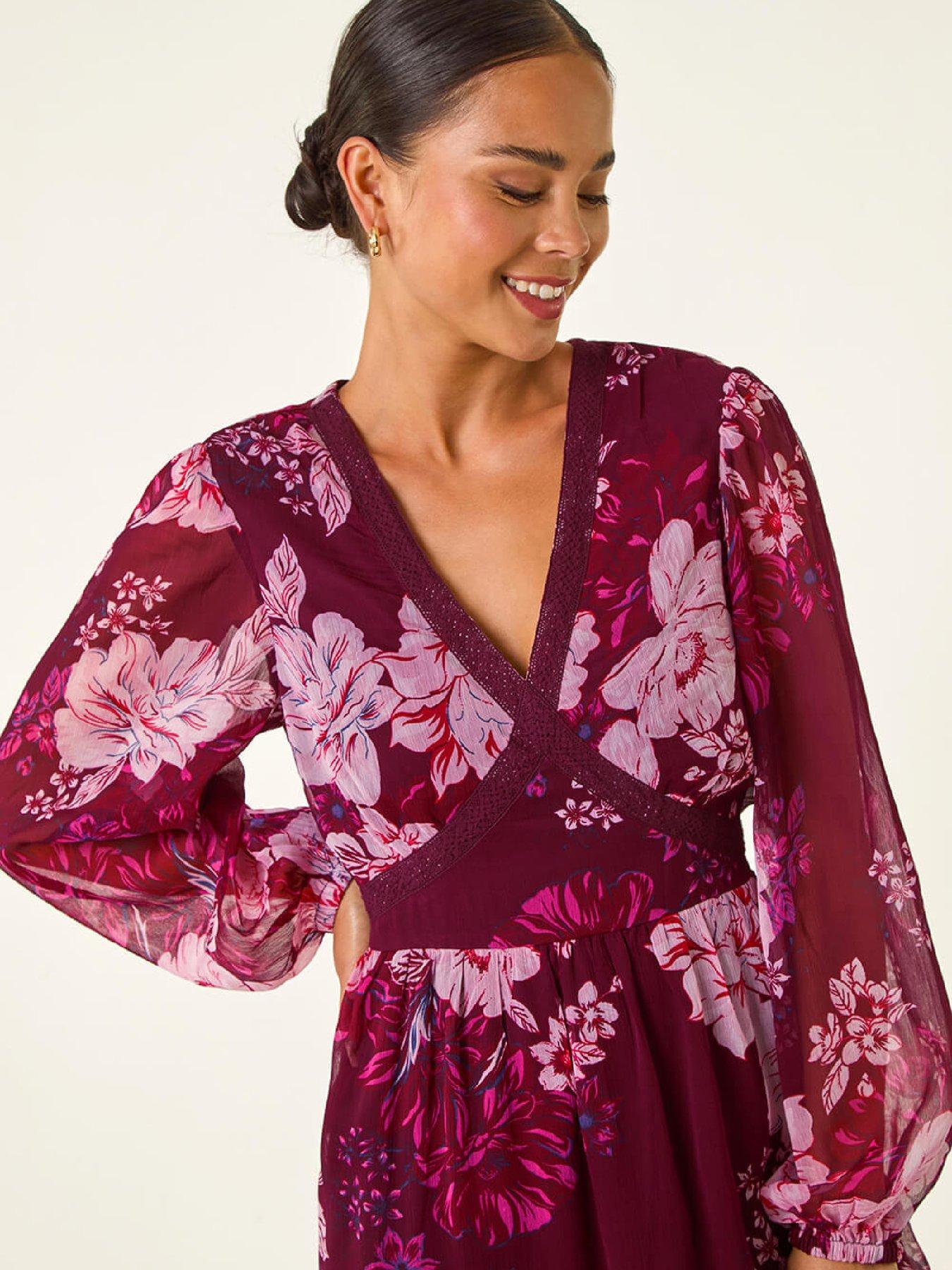  image of roman-petite-floral-print-trim-midi-dress-wine