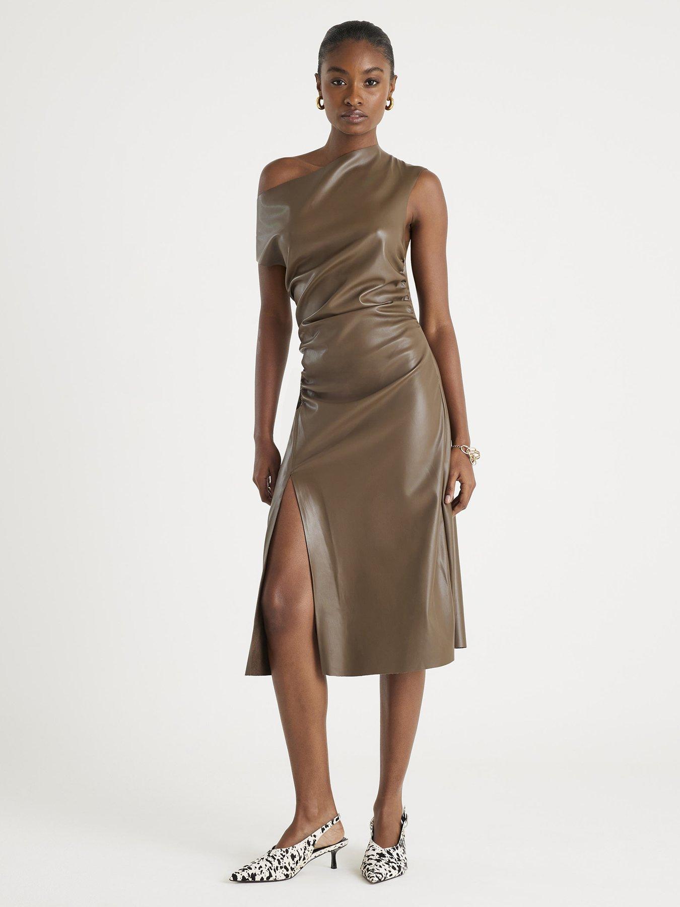 River Island Drape Pu Midi Dress - Brown