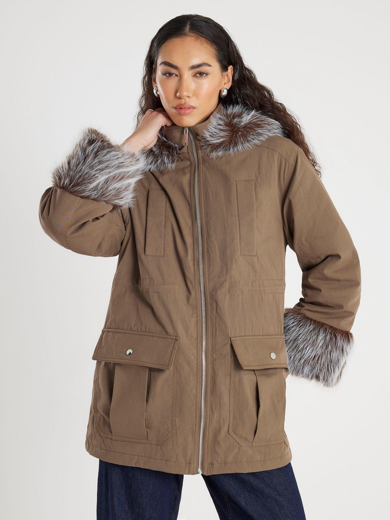River Island Fur Cuff Utility Jacket - Khaki