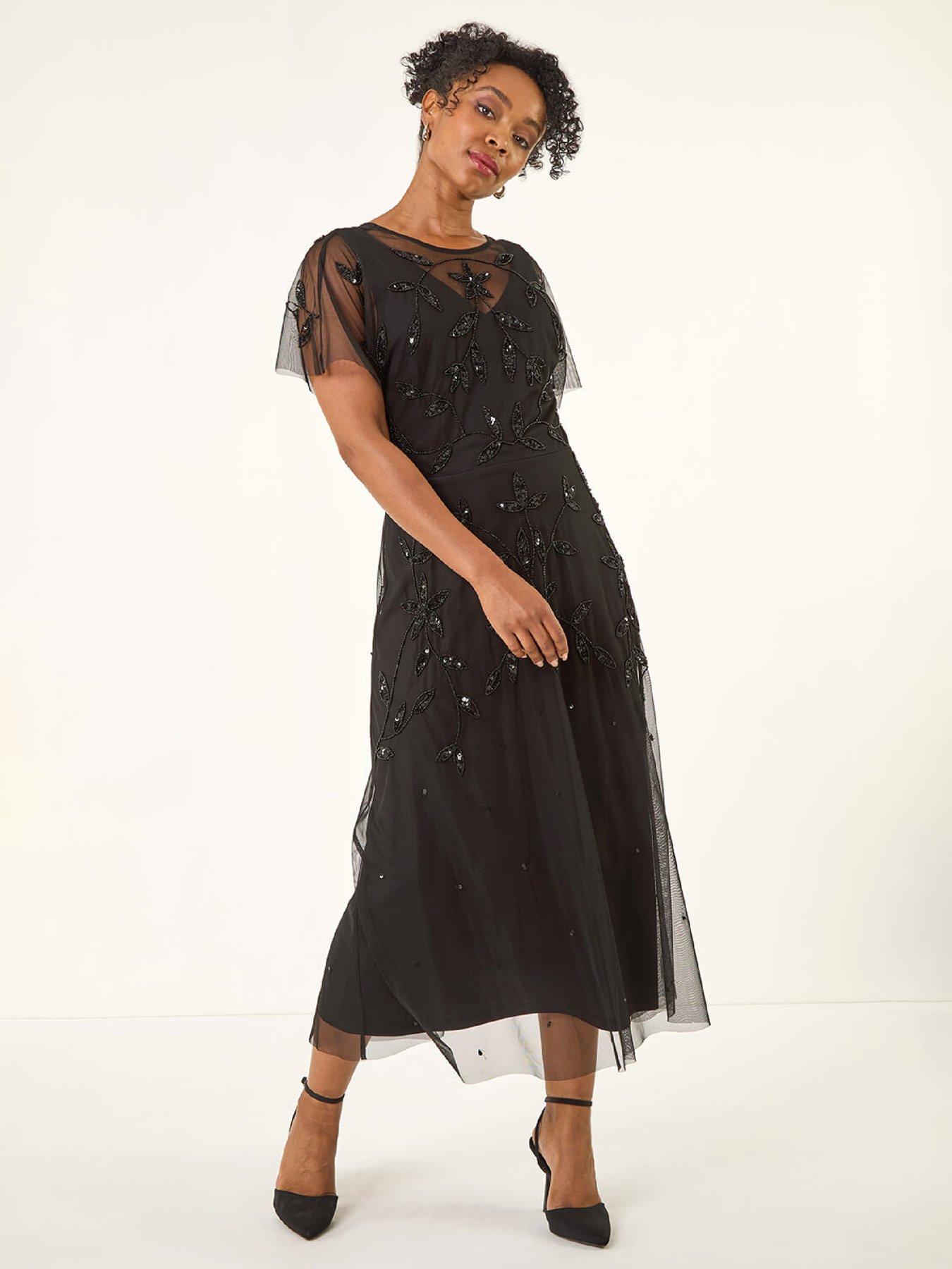 Roman Petite Embroidered Mesh Layered Dress - Black