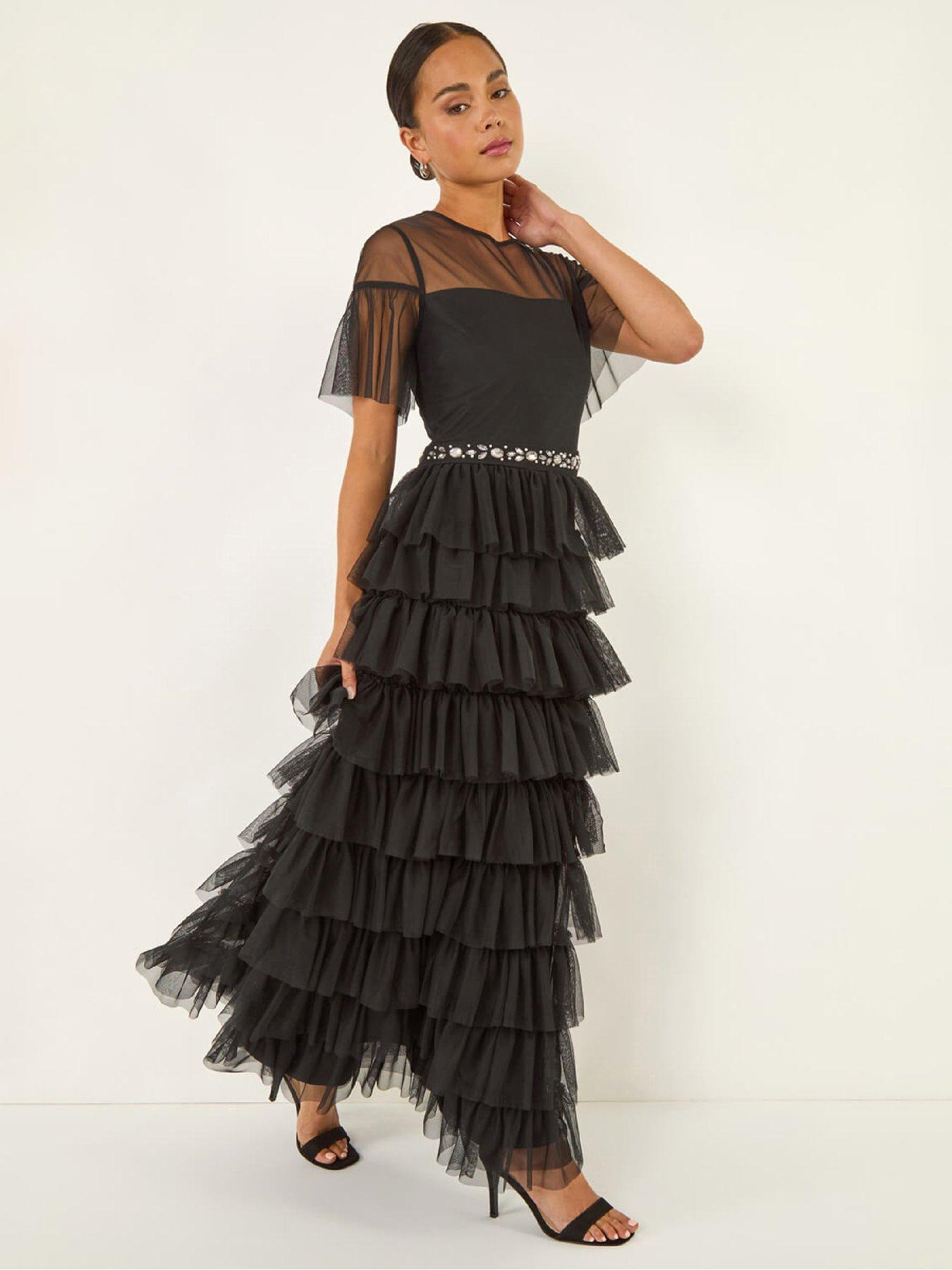 Roman Petite Embellished Mesh Tiered Dress - Black