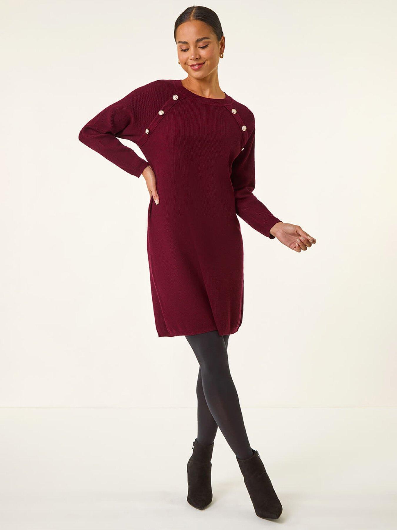 Roman Petite Button Detail Knit Dress - Wine