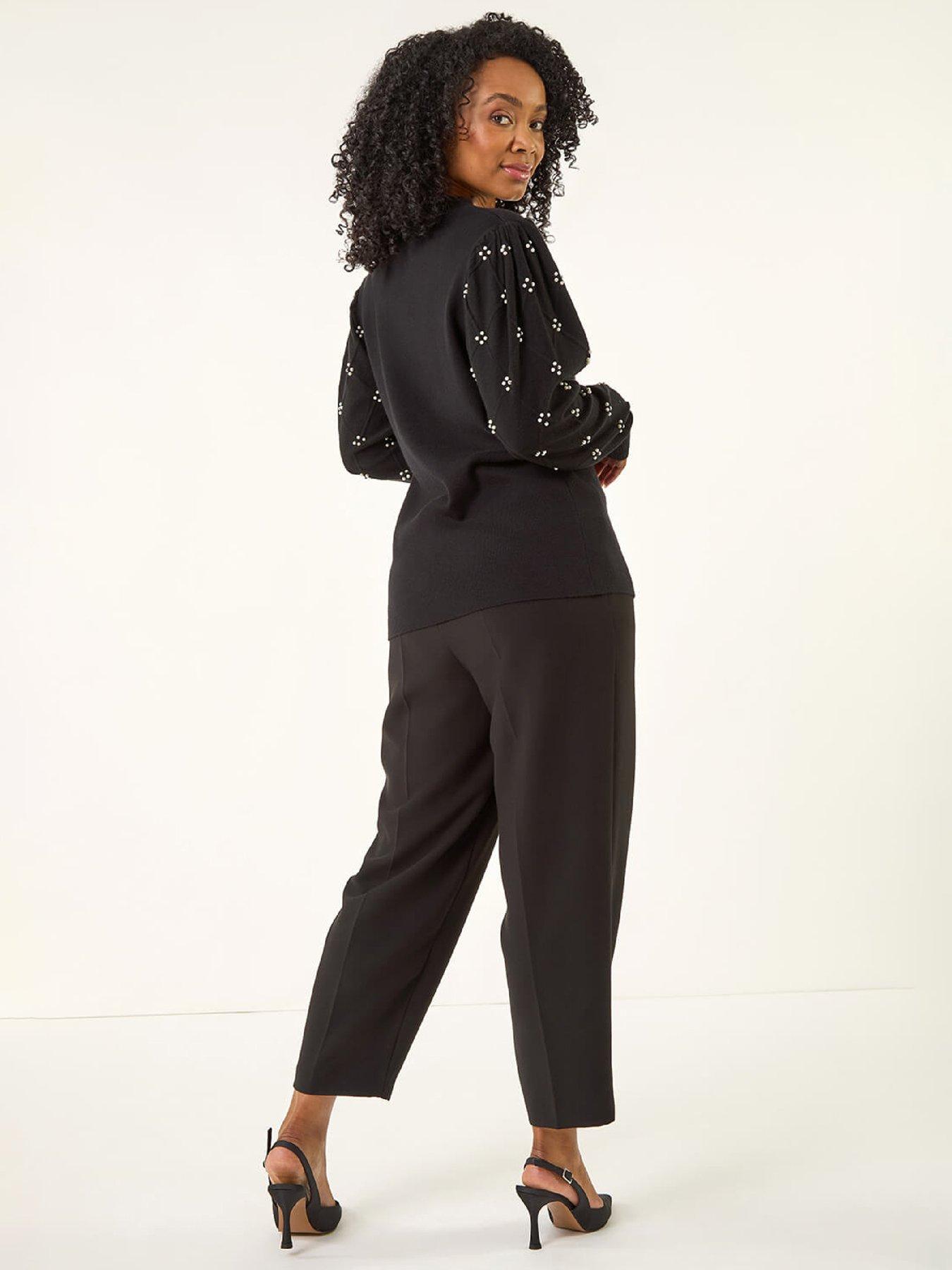 Image 2 of 5 of Roman Petite Faux Pearl Contrast Cable Knit Jumper - Black