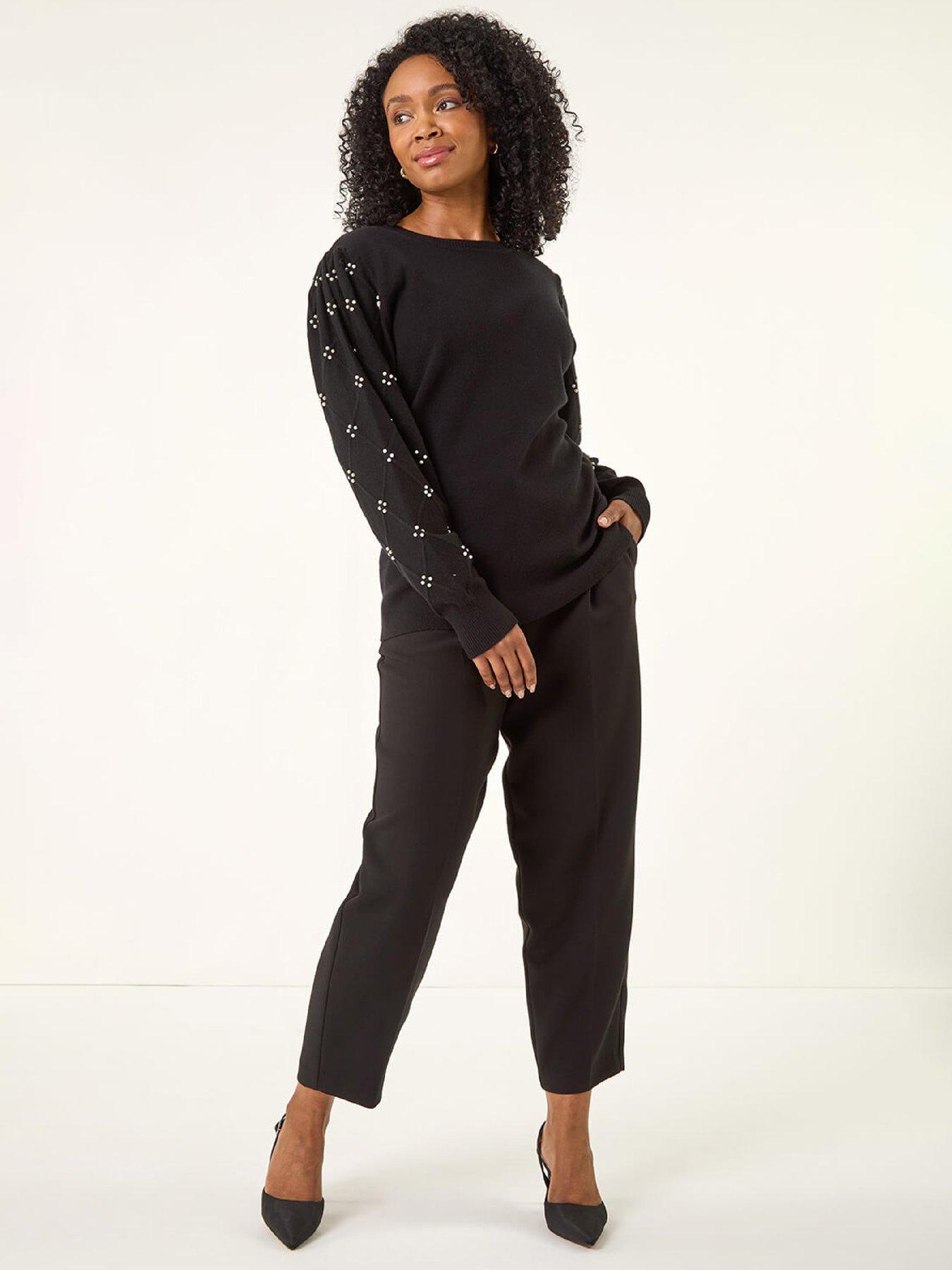 Image 3 of 5 of Roman Petite Faux Pearl Contrast Cable Knit Jumper - Black