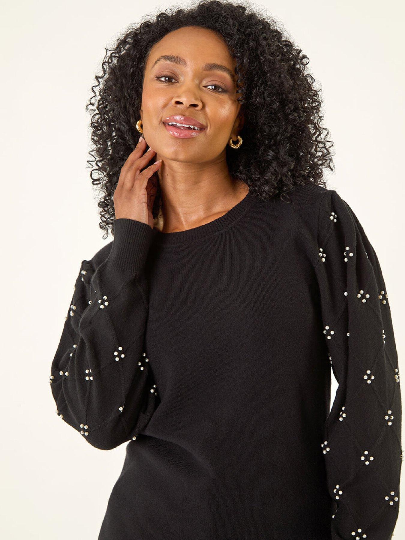 Image 4 of 5 of Roman Petite Faux Pearl Contrast Cable Knit Jumper - Black