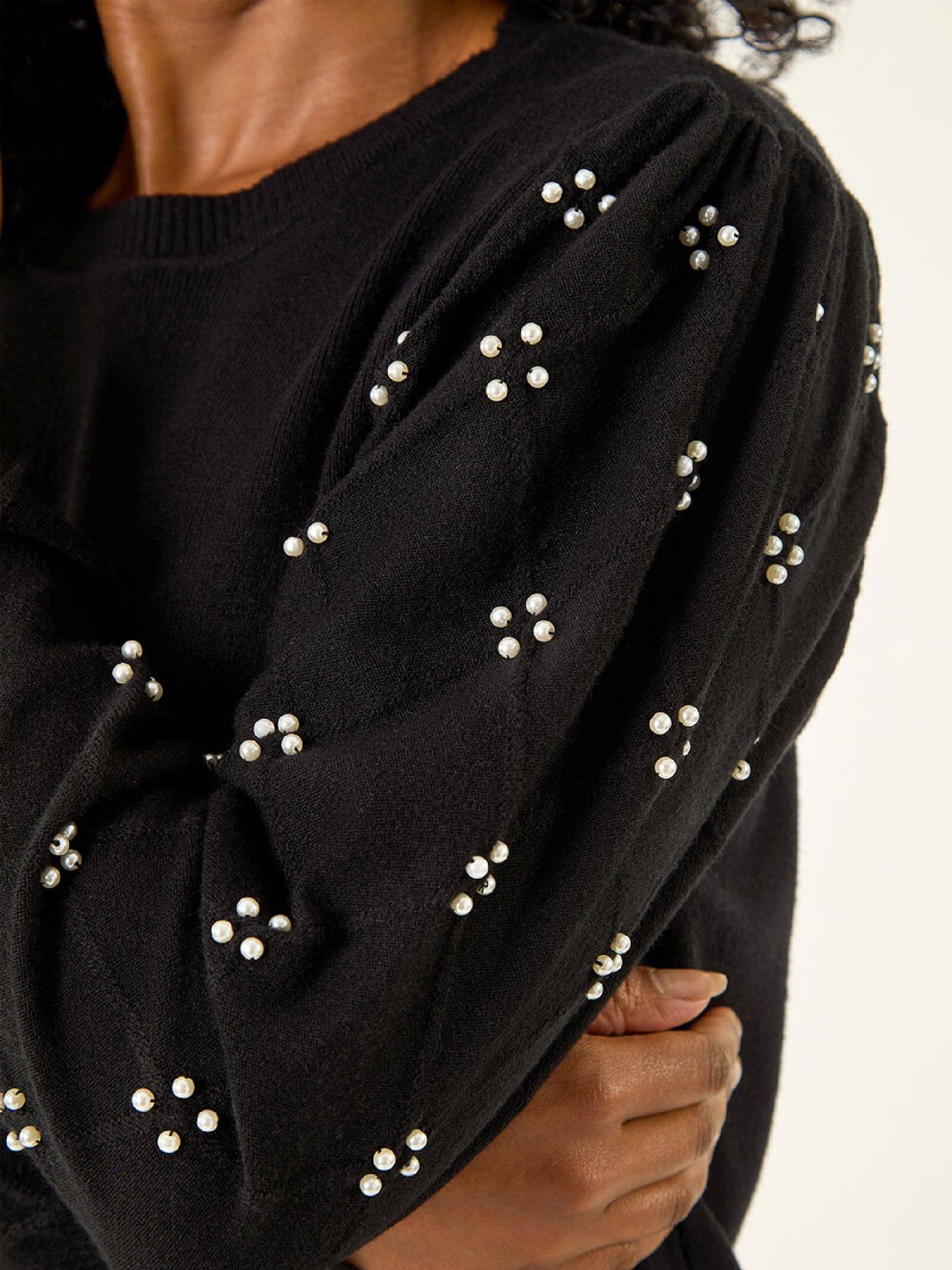 Image 5 of 5 of Roman Petite Faux Pearl Contrast Cable Knit Jumper - Black