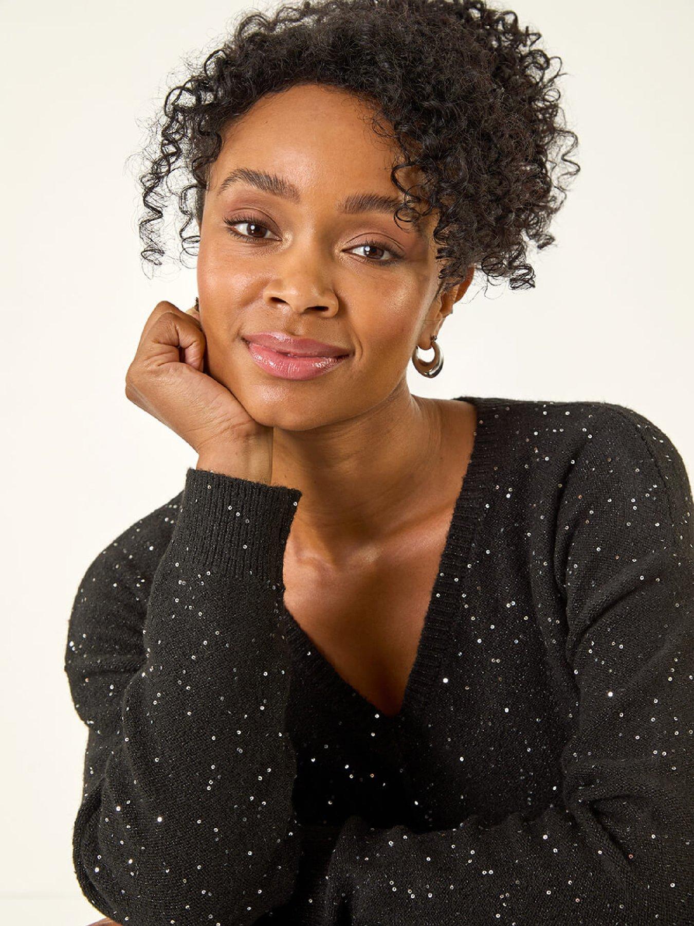  image of roman-petite-sparkle-v-neck-knit-jumper-black