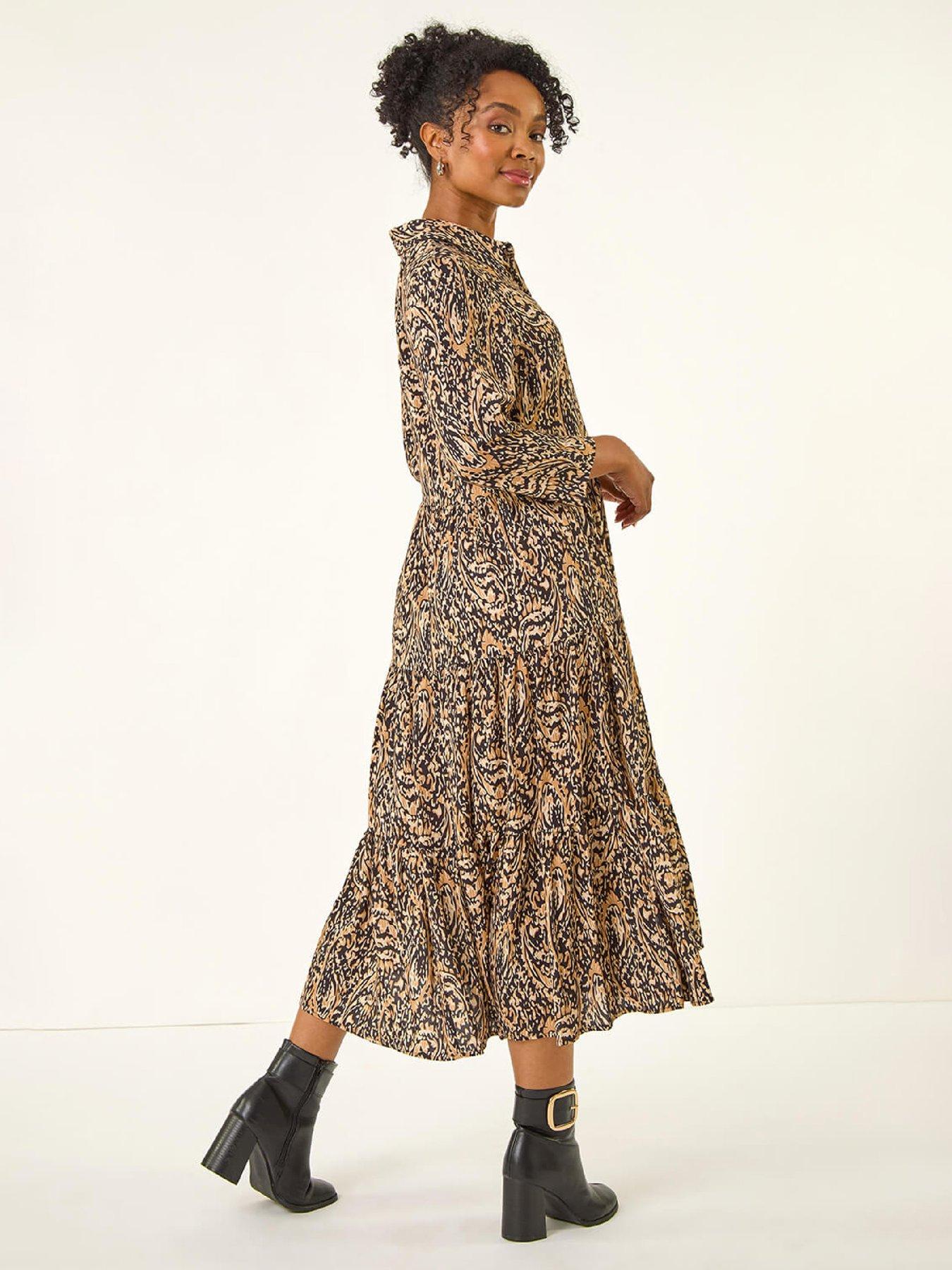 Image 2 of 5 of Roman Petite Abstract Print Tiered Midi Dress - Brown