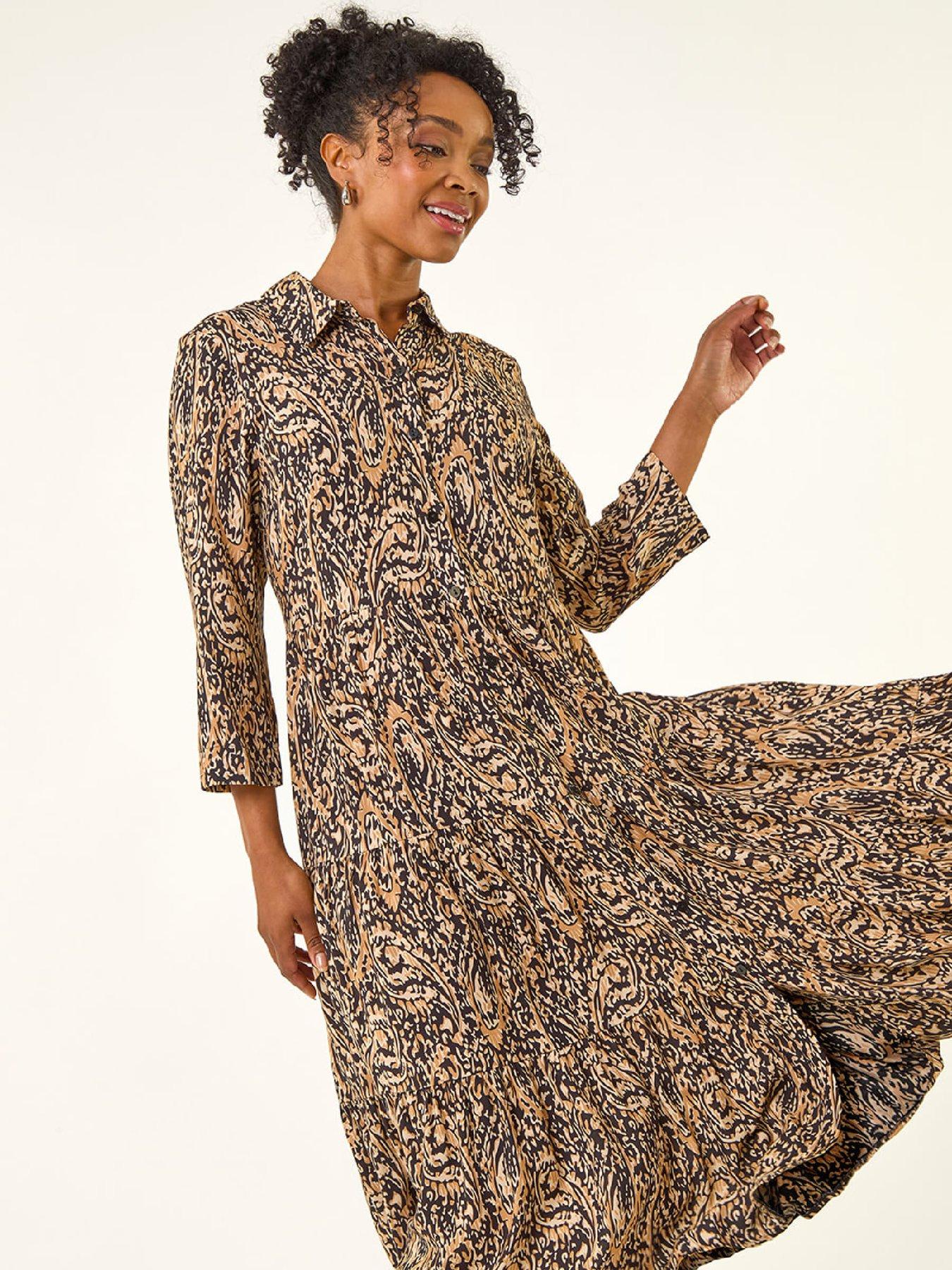 Image 3 of 5 of Roman Petite Abstract Print Tiered Midi Dress - Brown