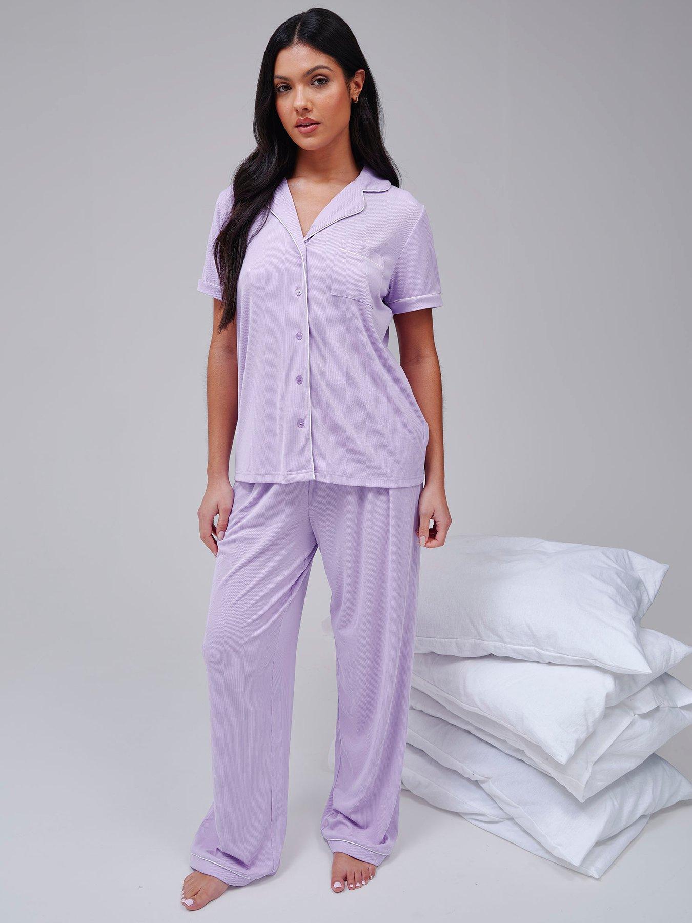 Loungeable Super Soft Jersey Rib Traditional Short Sleeve Long Pant Set - Lilac - Purple