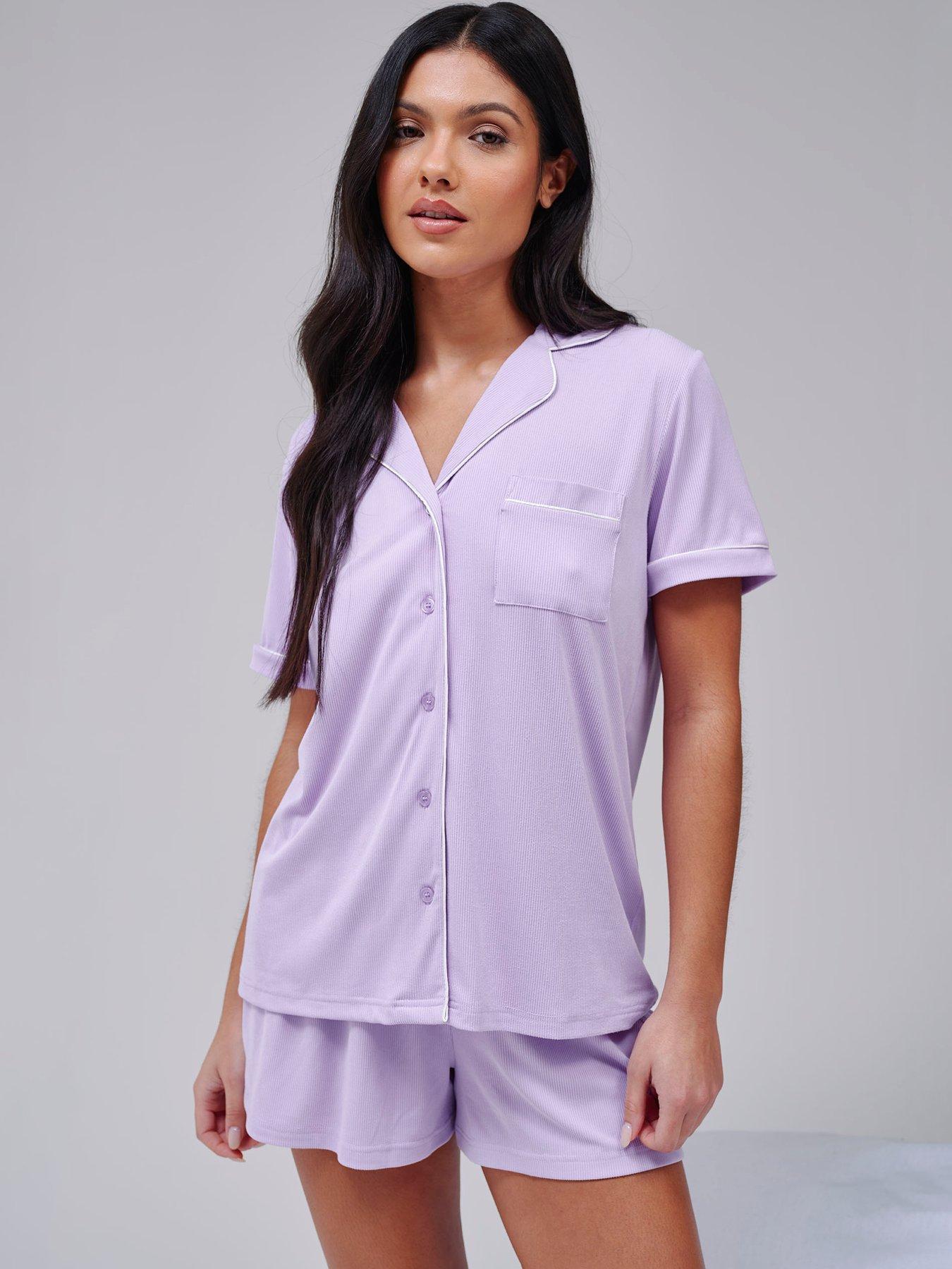 Loungeable Super Soft Jersey Rib Traditional Short Sleeve Short Set - Lilac - Purple