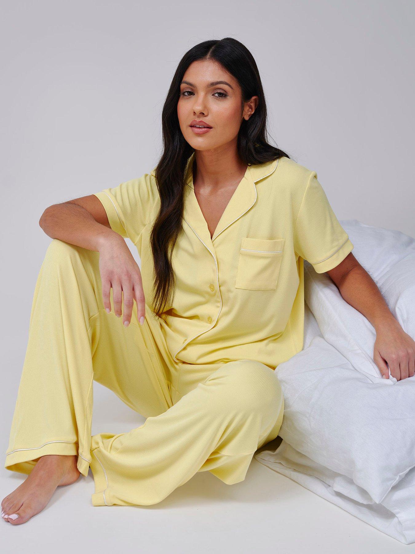 loungeable-super-soft-jersey-rib-traditional-short-sleeve-long-pant-set-yellow