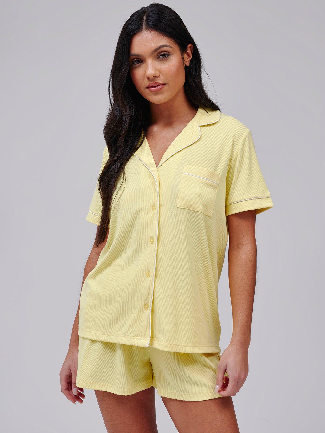 Loungeable Super Soft Jersey Rib Traditional Short Sleeve Short Set - Yellow