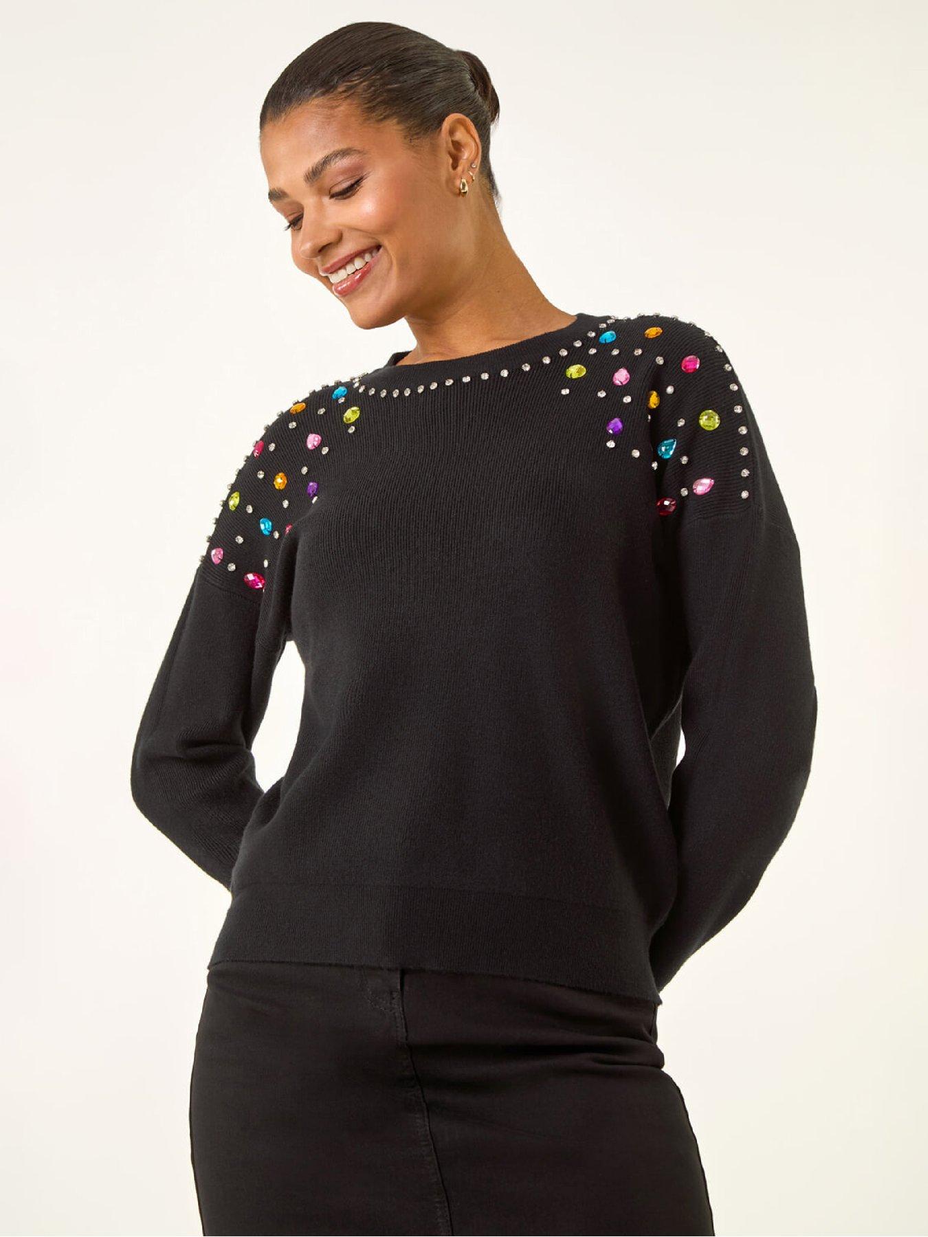  image of roman-embellished-shoulder-knit-jumper-black