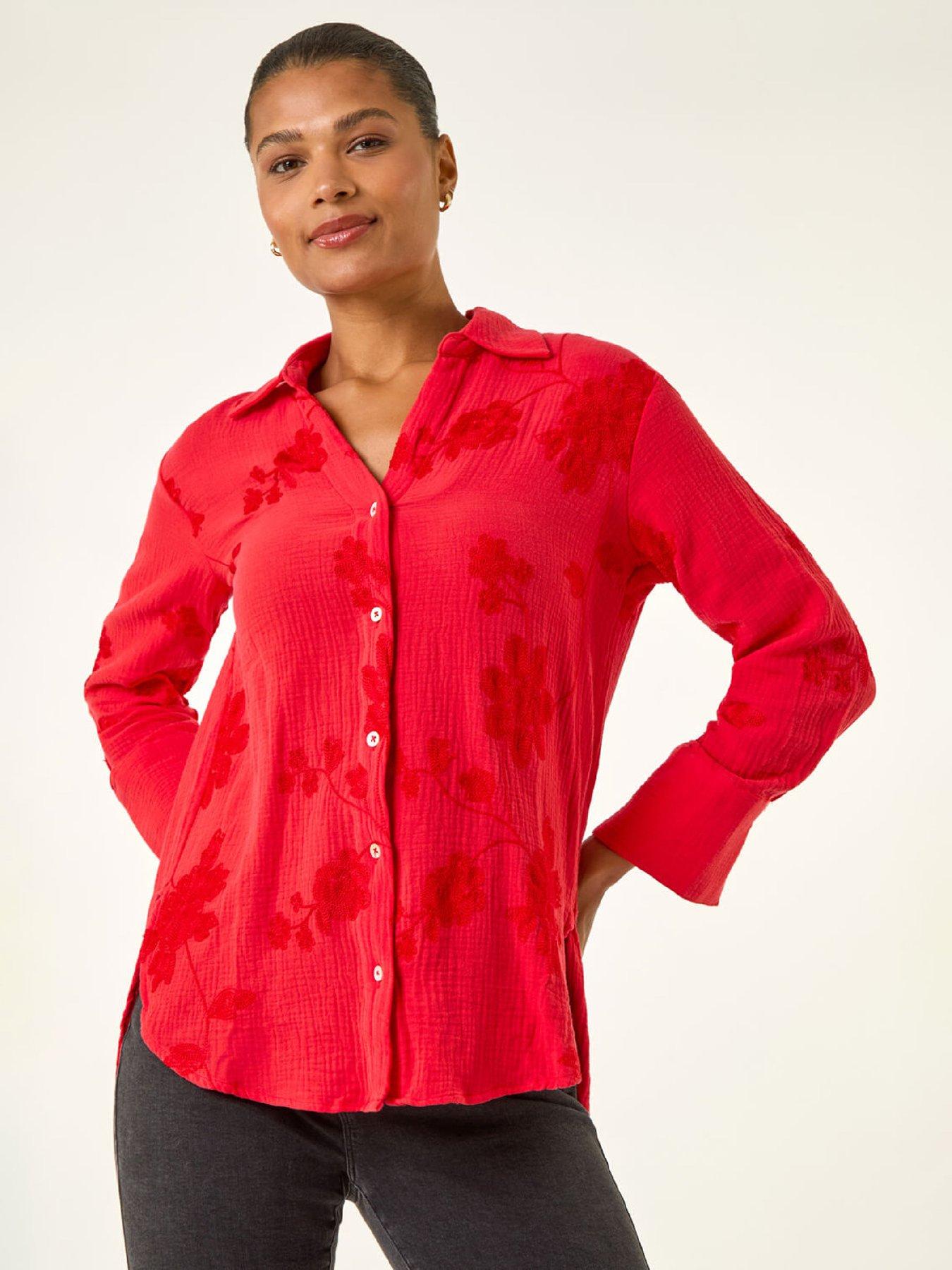 Image 1 of 5 of Roman Floral Embroidered Collared Shirt - Red