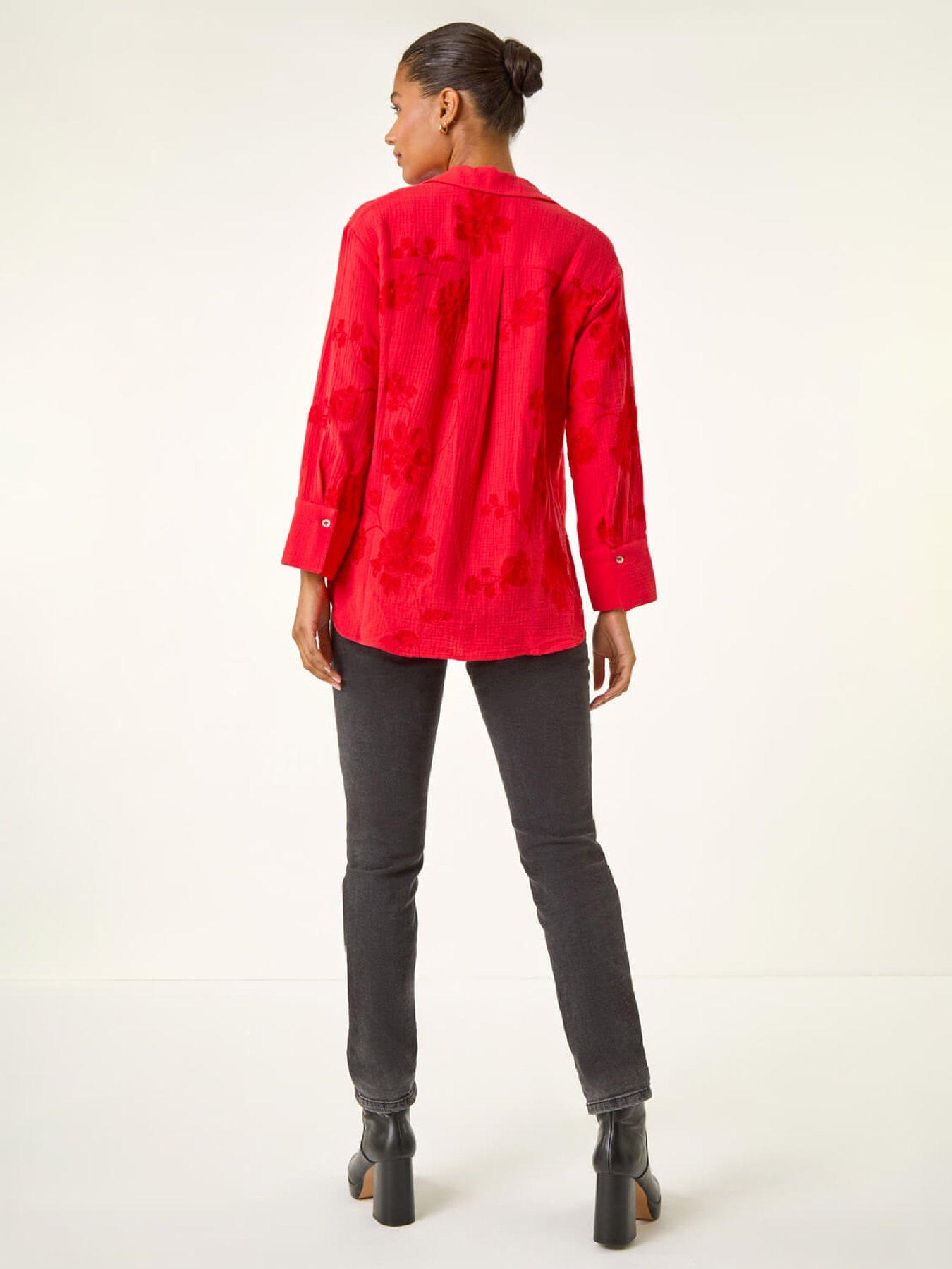 Image 2 of 5 of Roman Floral Embroidered Collared Shirt - Red